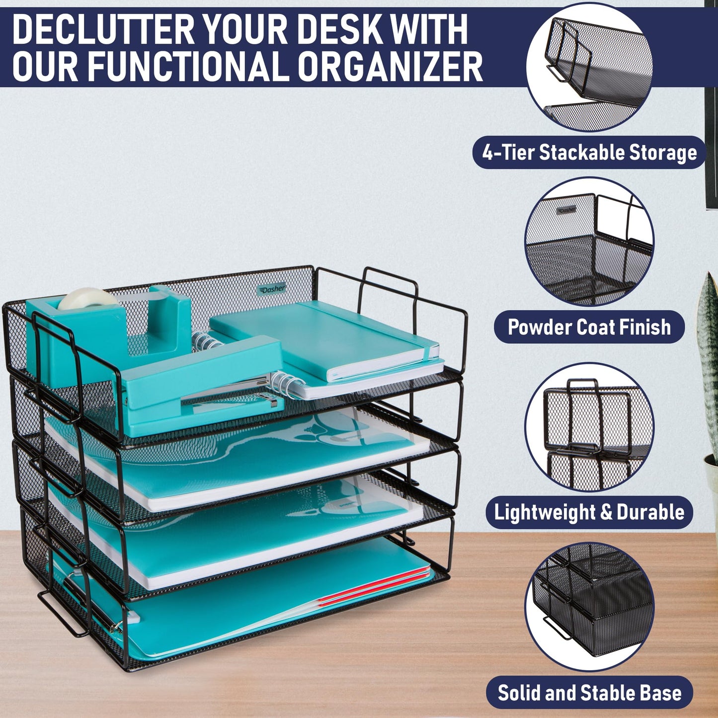 Stackable Paper Tray Desk Organizer, 4-Tier Metal Mesh Letter Organizers for Business, Home