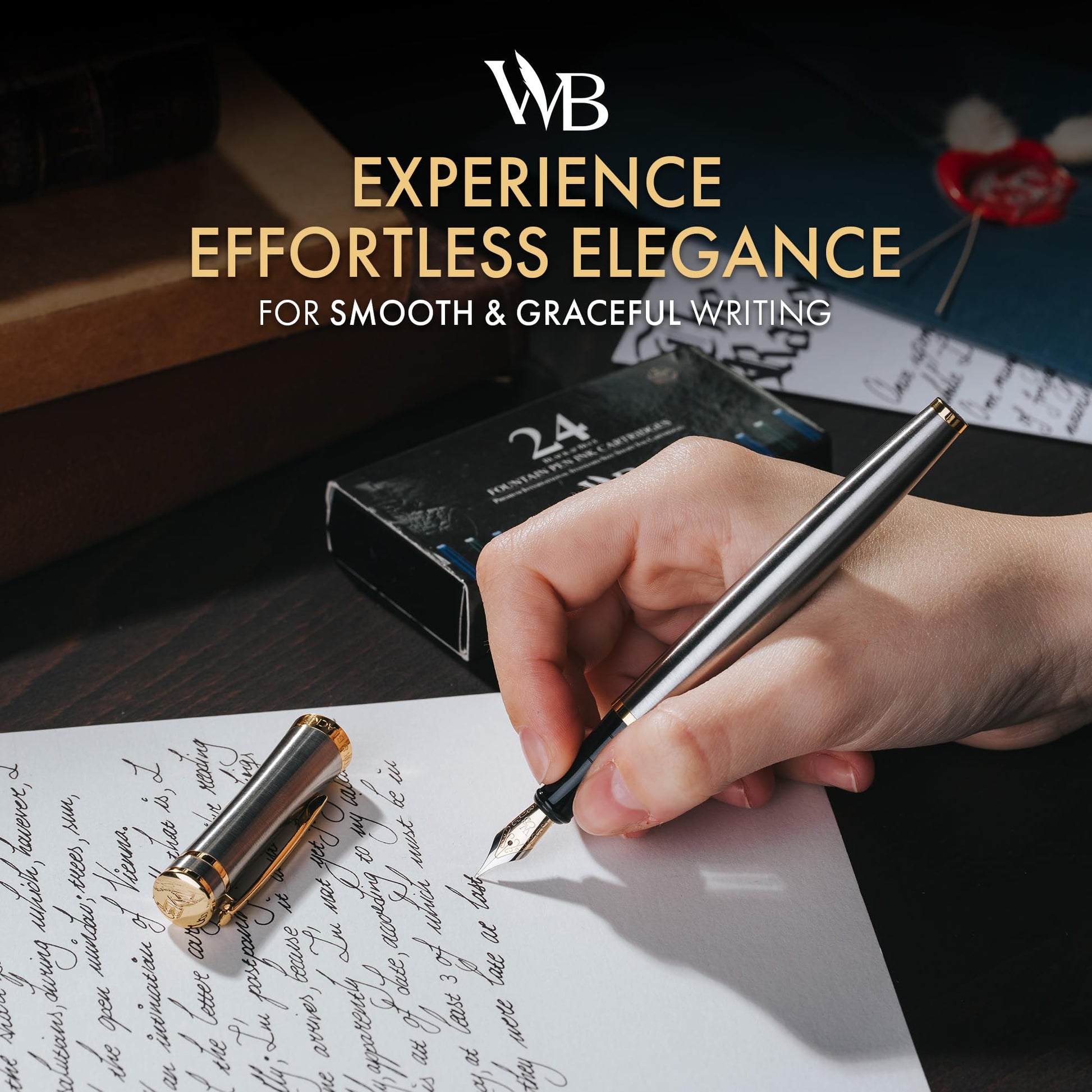 Wordsworth & Black Luxury Fountain Pen Set for Writing, Medium Nib, Silver
