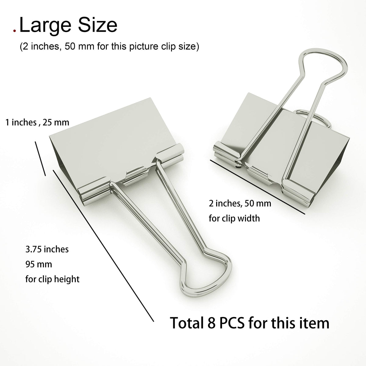 [8-PCS] Silver Large Binder Clips, Jumbo Metal Clamp 2" / 50 mm (Silver, 8-PCS)
