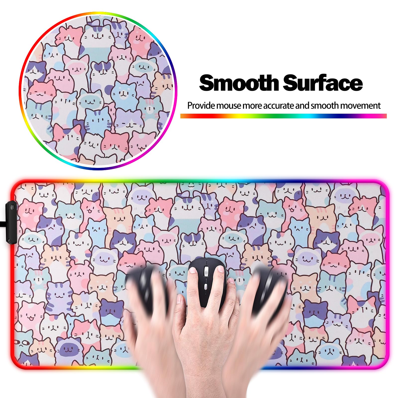 JIANG100 RGB Cute Kawaii Cat Gaming Desk Mat & Mouse Pad, XL, Pink