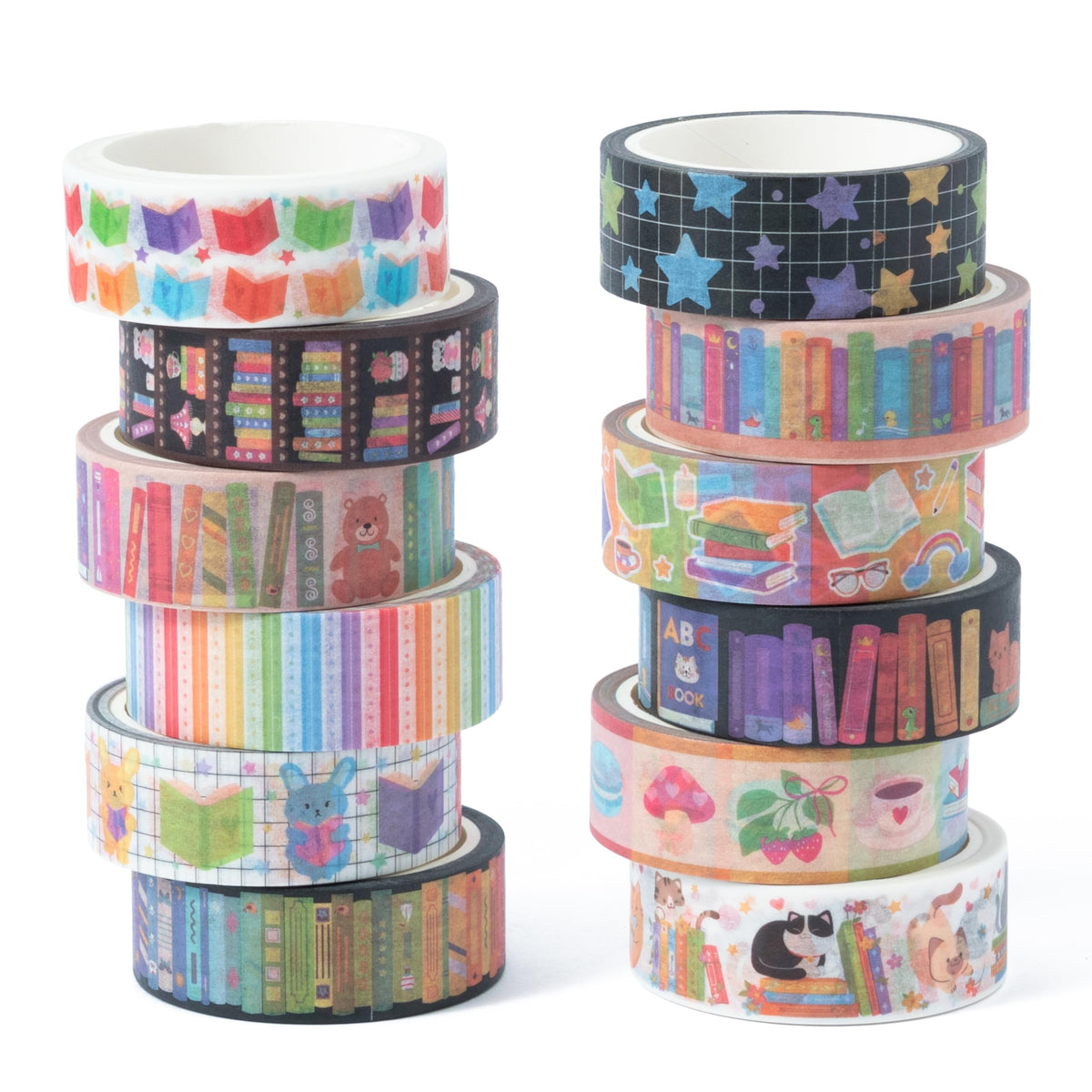 BkeeCten 12 Rolls Colorful Books Tearable Adhesive Clear Pattern Washi Tape