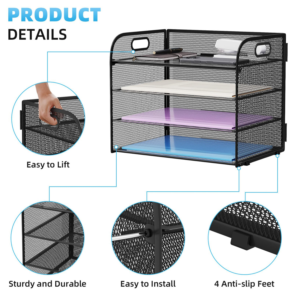 Marbrasse 4 Tier Paper Organizer Letter Tray - Mesh Desk File Organizer with Handle, Paper Sorter