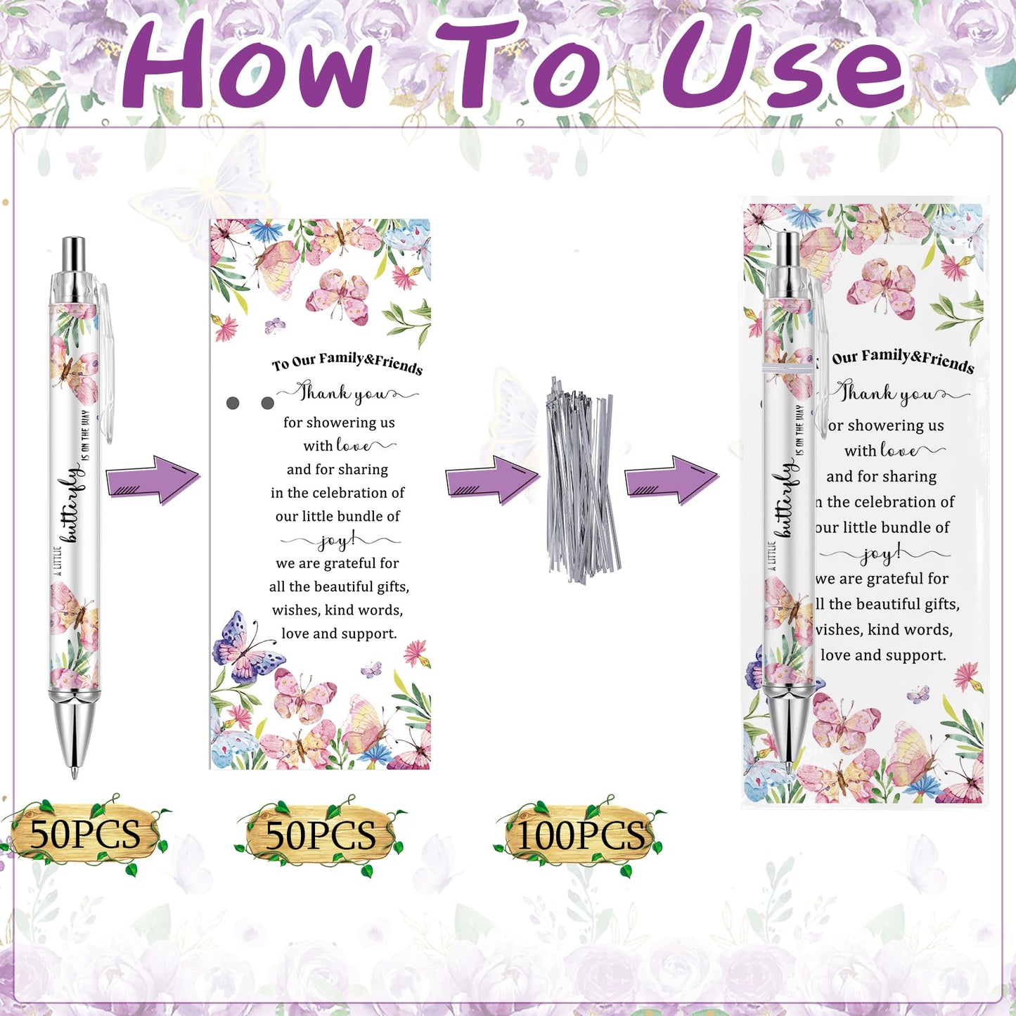Lebsitey 50 Sets Pink Butterfly Theme Baby Shower Favors For Guest, Baby Shower Decorations Pens