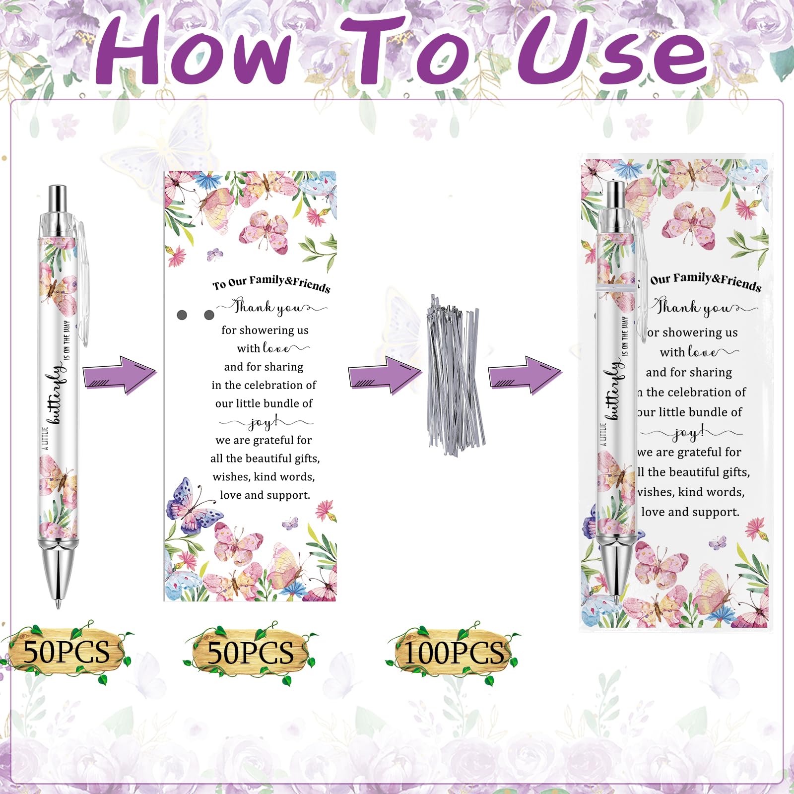 Lebsitey 50 Sets Pink Butterfly Theme Baby Shower Favors For Guest, Baby Shower Decorations Pens