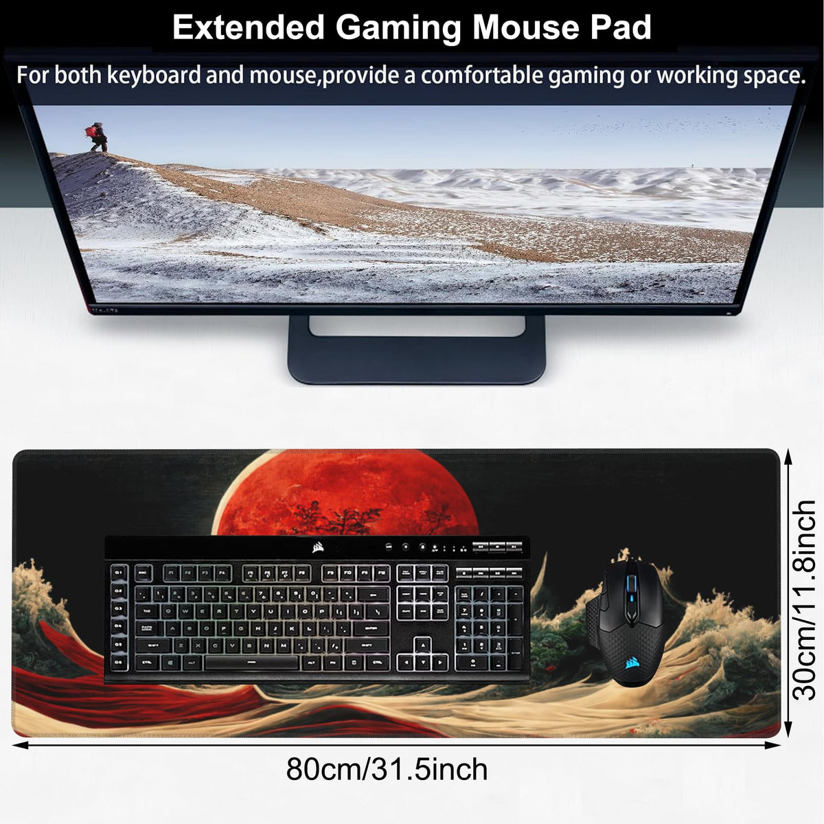 Red Moon Above The Sea Desk Mat,Large Chinese Style Landscape Gaming Keyboard Mouse Pad,Non-Slip