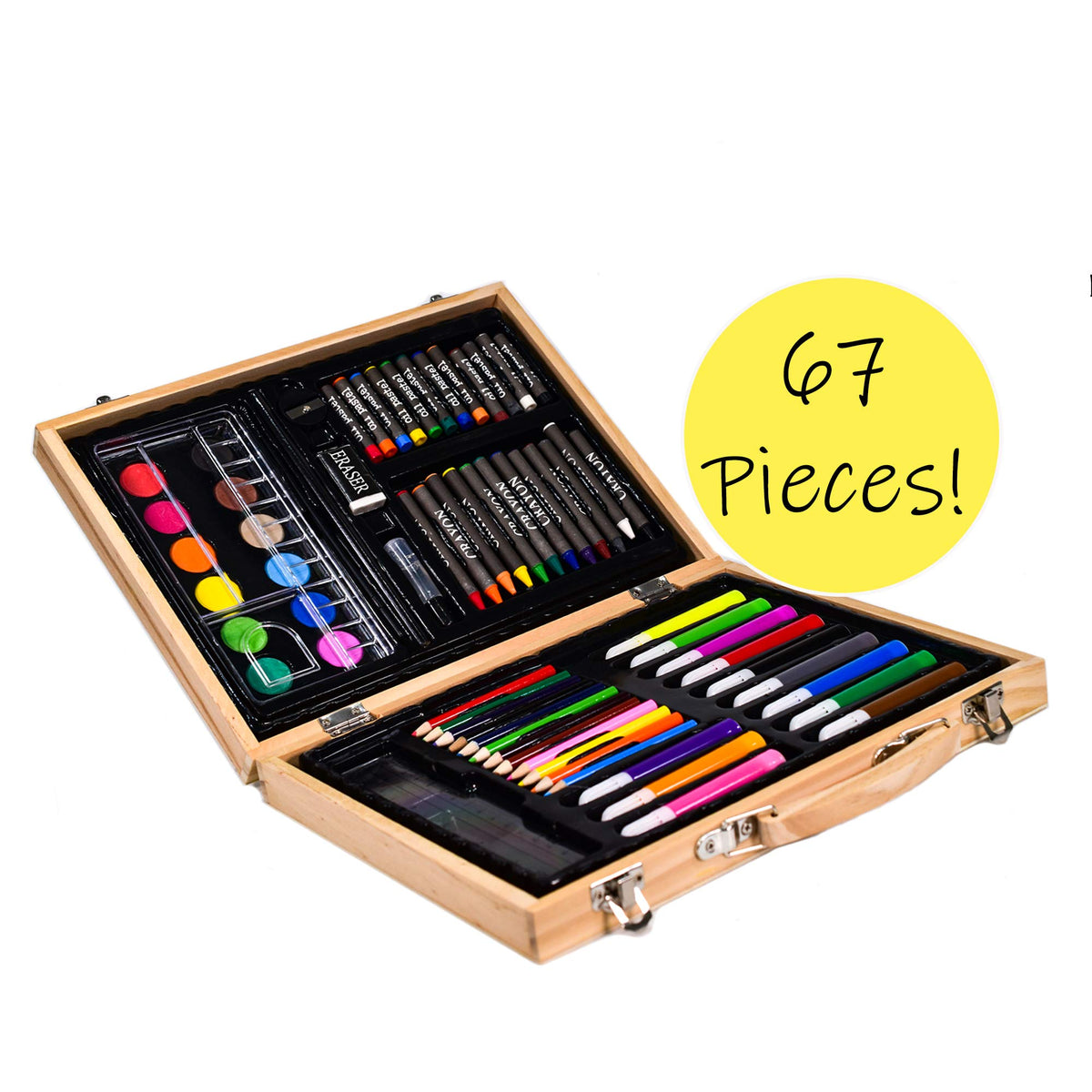 Childrens 67 PC Craft Art Artists Set in Wooden Box Case Crayons Paints Pens Pencils by Unknown