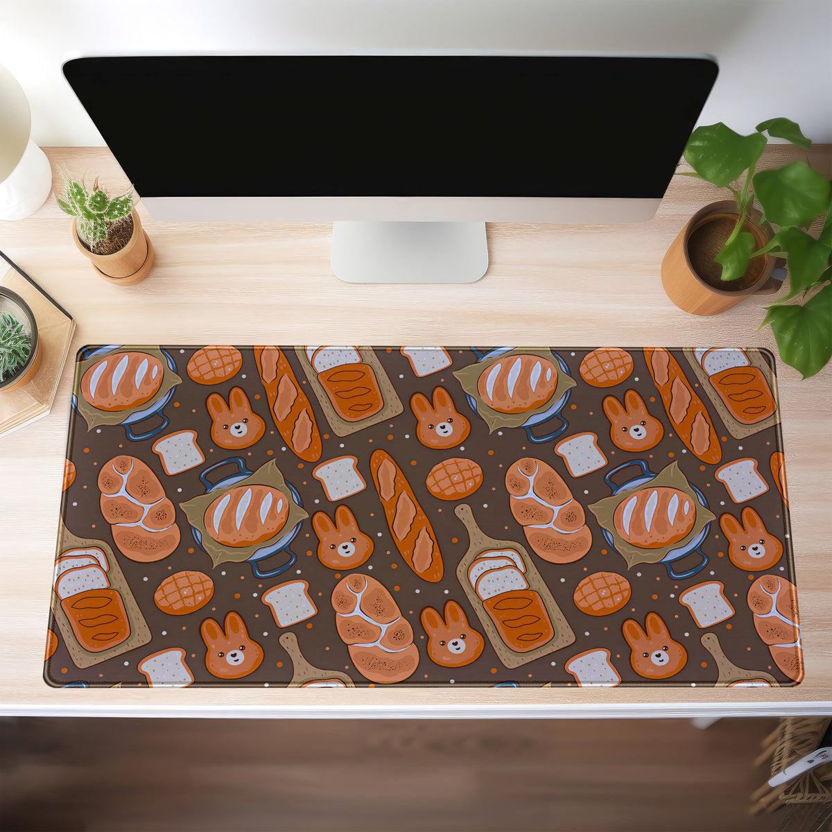 Kawaii Desk Mat Cute Mouse Pad Large Gaming Desk Pad, Bunny Bread Keyboard Mat Extended, Full