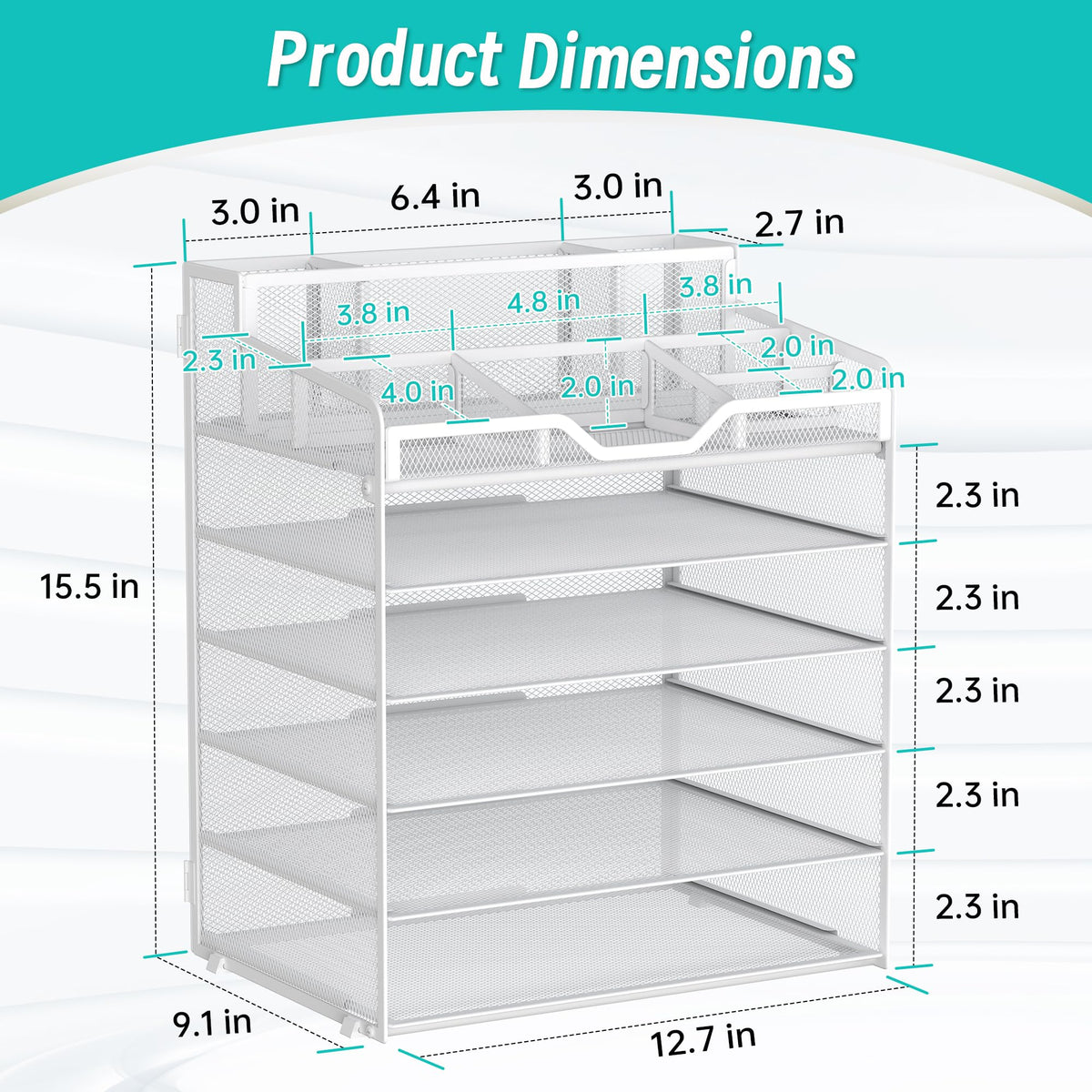 OrgMate 6 Tier Mesh Paper Desk Organizer with Pen Holders, White