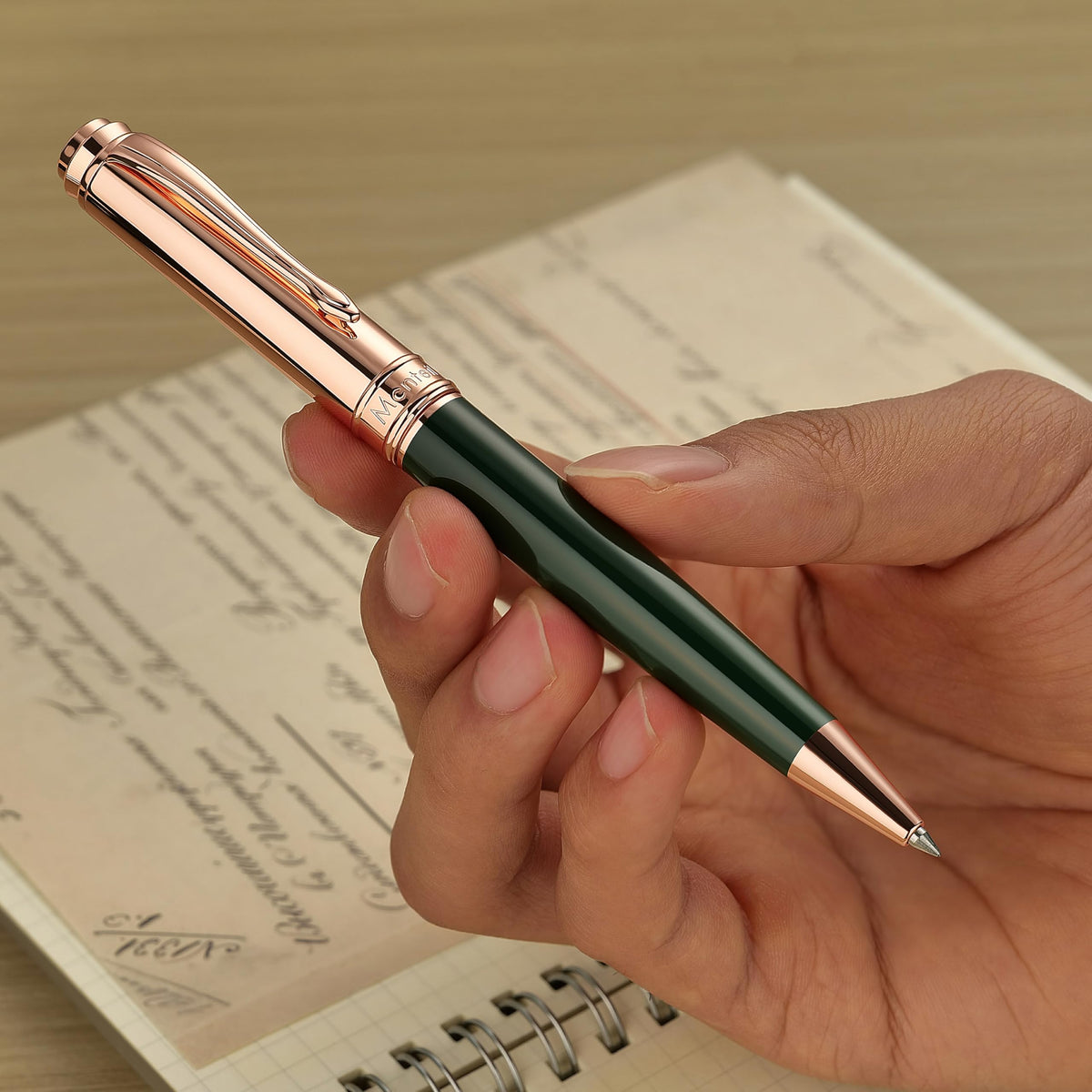 MCNTEIK Luxury Gel Pen, Top Set With 8mm Brilliant Diamond,Dark Green Pen Body,Attractive Rose Real