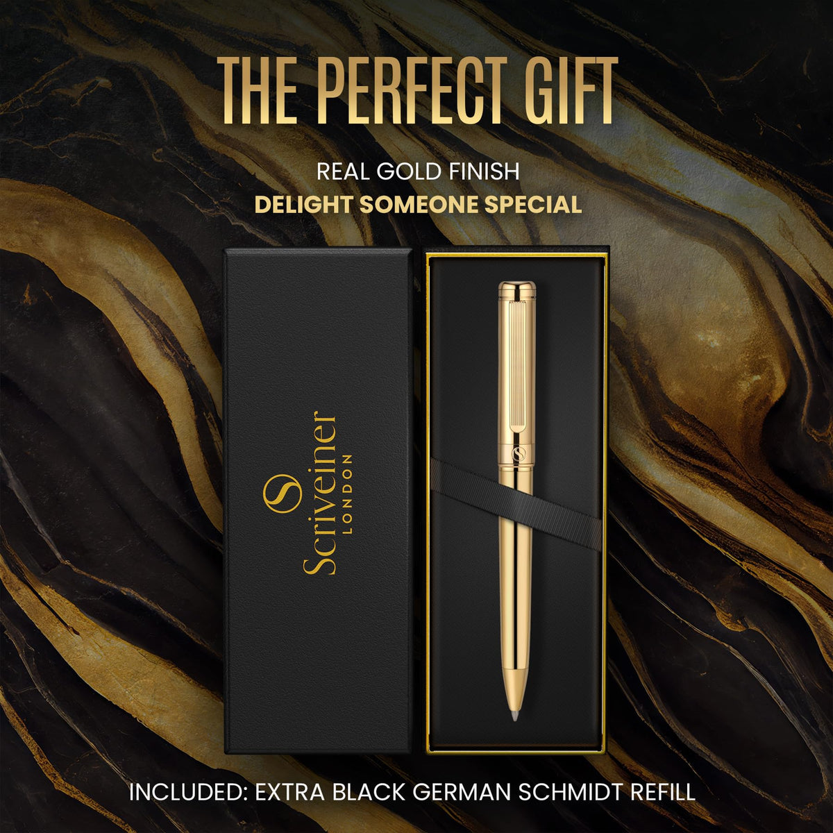 Scriveiner Gold Ballpoint Pen - Stunning Luxury Pen, Real Gold Plating, Schmidt Black Refill, Best