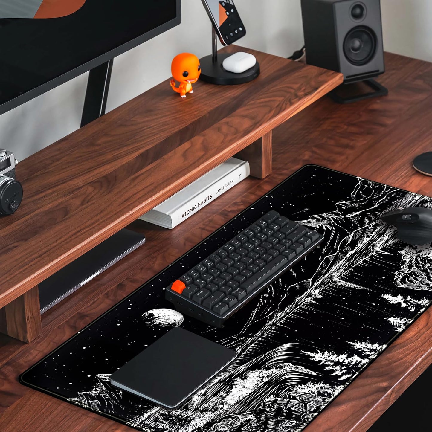 Black and White Desk Mat Dark Nature Forest Mouse pad XXL Starry Night Mountain Desk pad Aesthetic