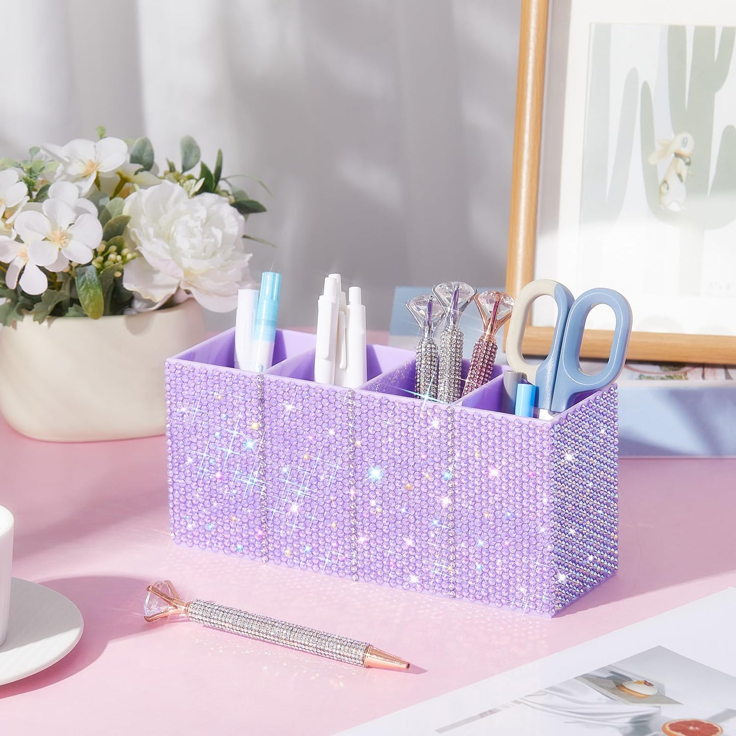 Resholder Rhinestone Desk Organizer, Purple Pen Makeup Brush Holder