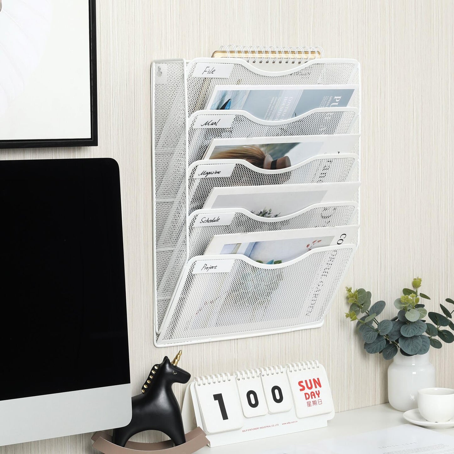 EasyPAG Wall File Organizer 5 Tier Hanging Paper Folder Holder, Zero Assembly Metal Mesh Wall