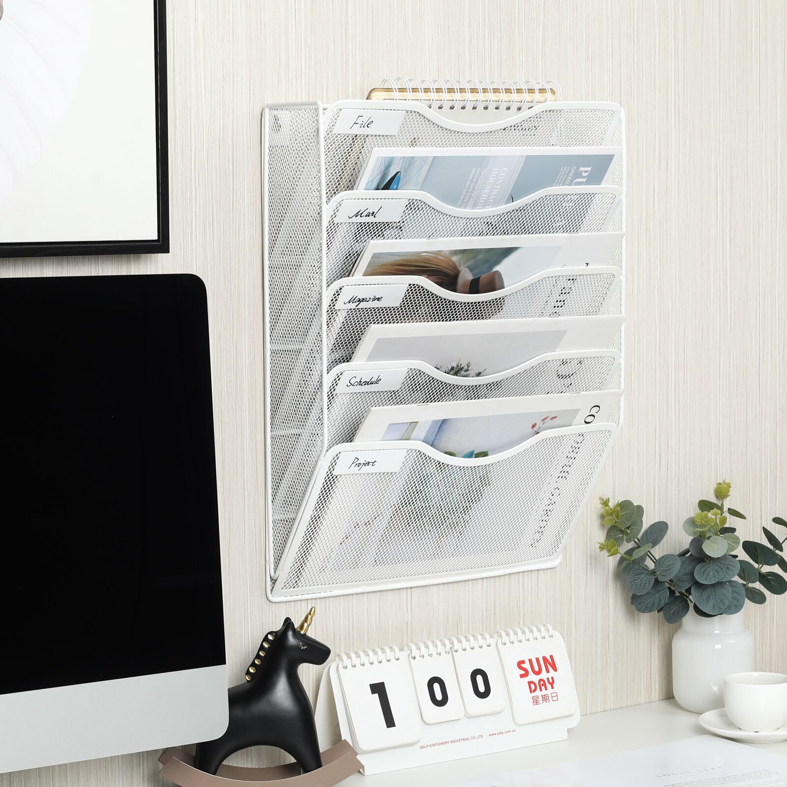 EasyPAG Wall File Organizer 5 Tier Hanging Paper Folder Holder, Zero Assembly Metal Mesh Wall