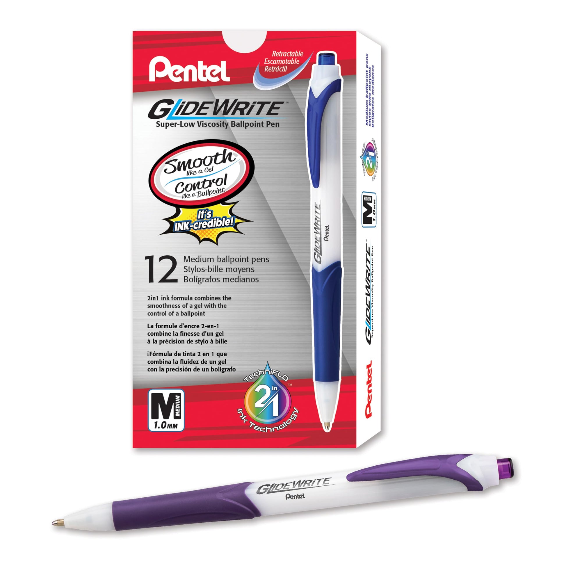 Pentel GlideWrite Ballpoint Pen with TechniFlo Ink, (1.0mm) Medium Line, Violet, Box of 12 (BX910-V)