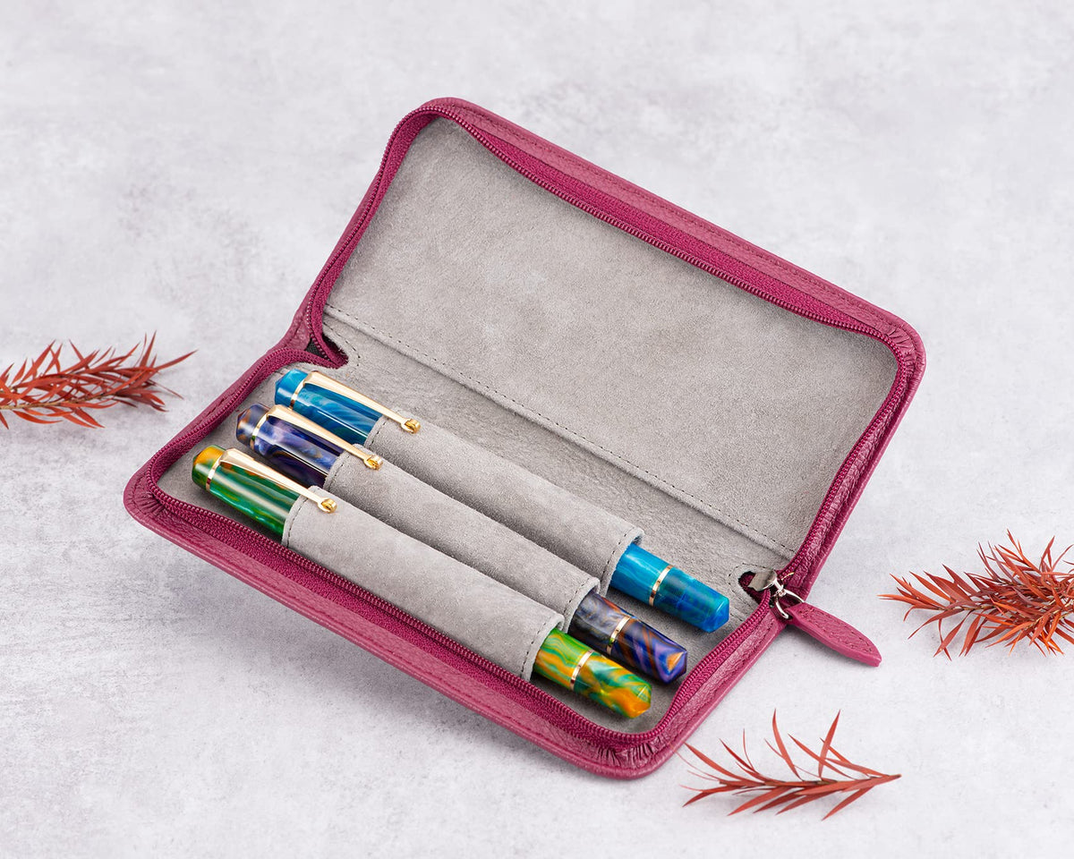 Lanxivi Genuine Leather Fountain Pen Case 3 Divided Slots Wine Red Color, Zippered Pen Case Pouch