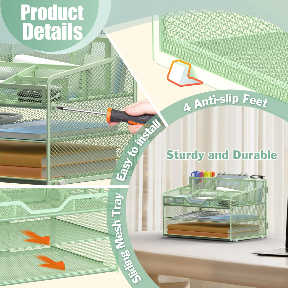 Docnest 3 Tier Mesh Desk Organizer with Letter Tray & Paper Sorter, Green