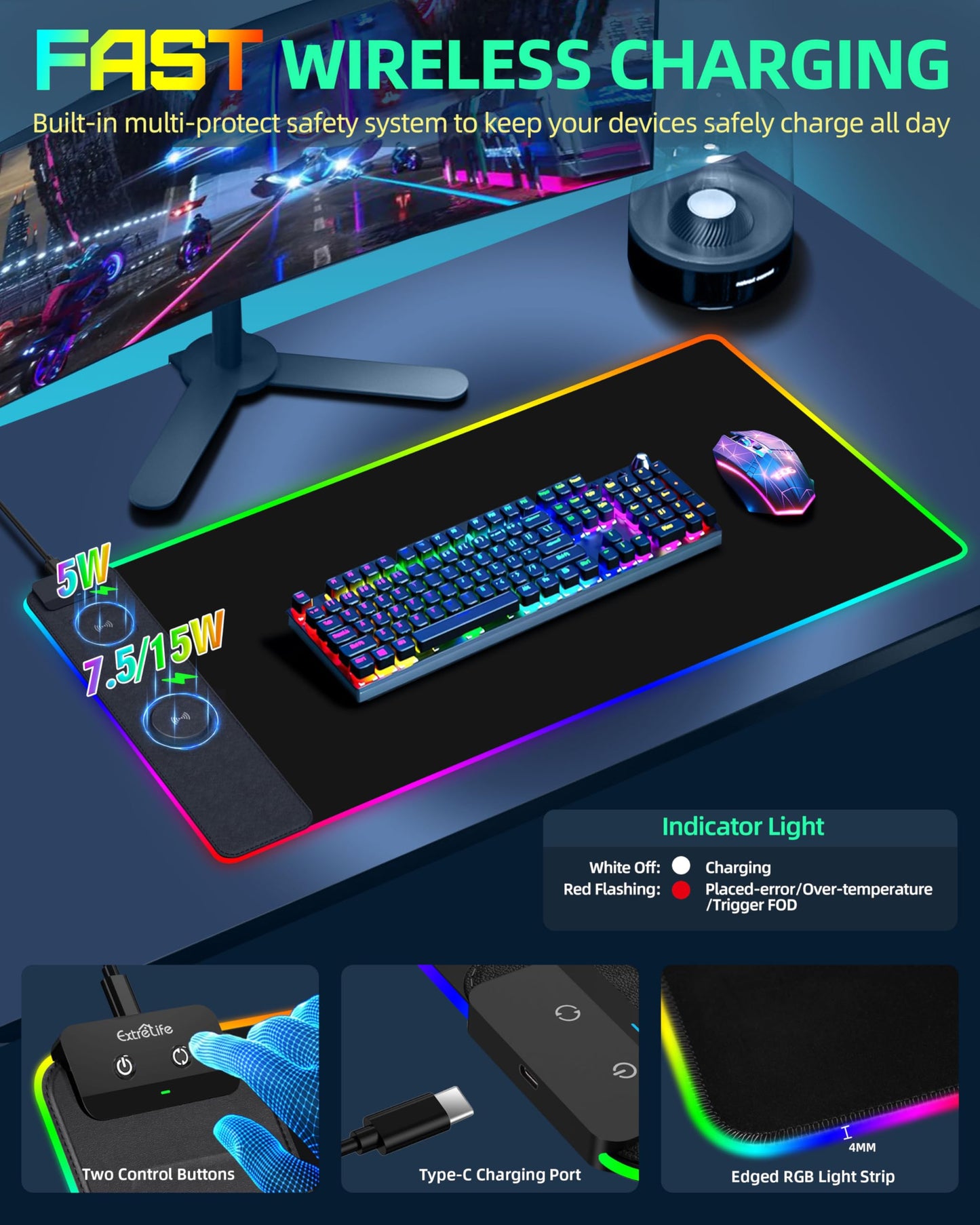 Wireless Charging Mouse Pad, RGB Gaming Desk Mat, 31.5"x15.7"