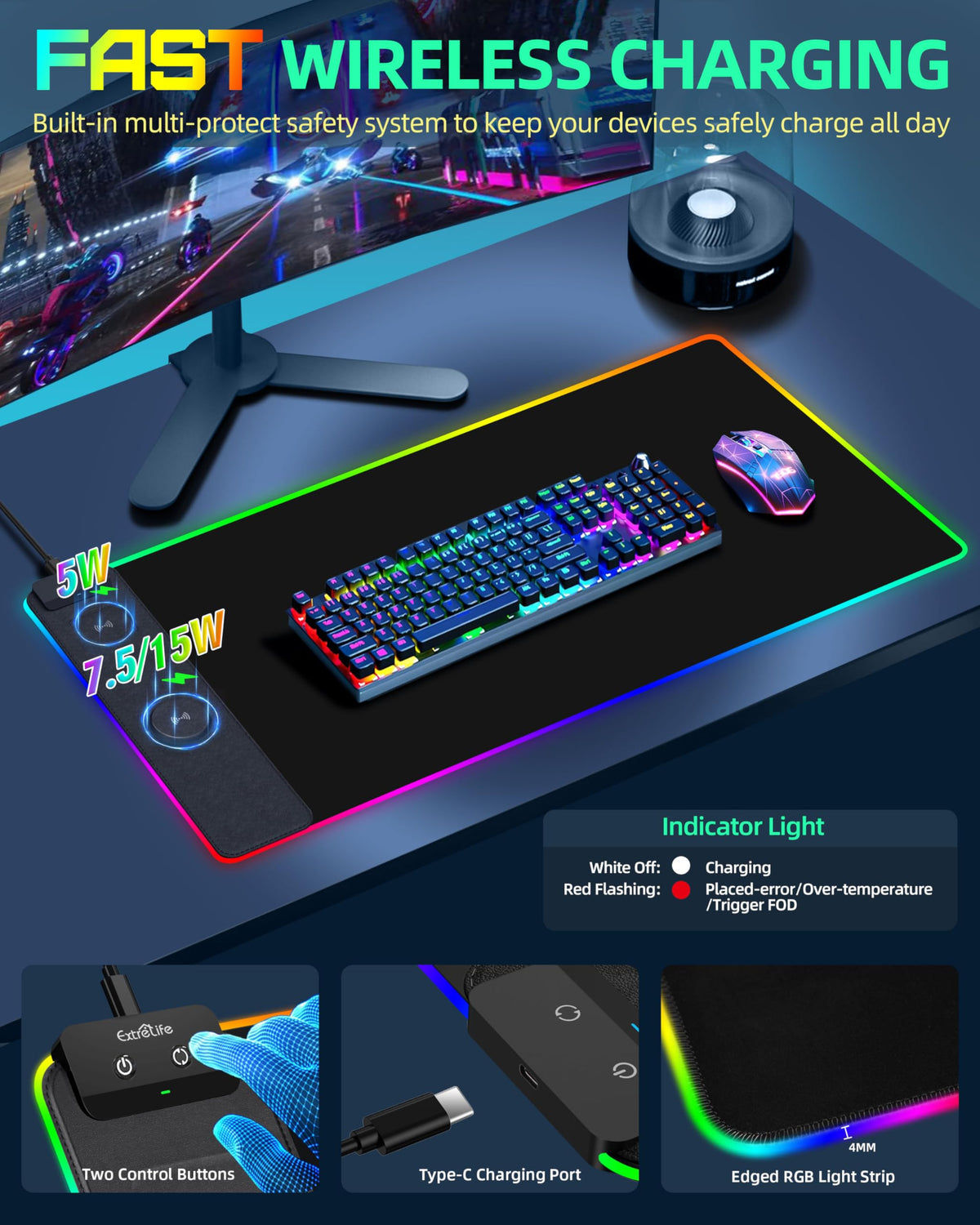 Wireless Charging Mouse Pad, RGB Gaming Desk Mat, 31.5"x15.7"
