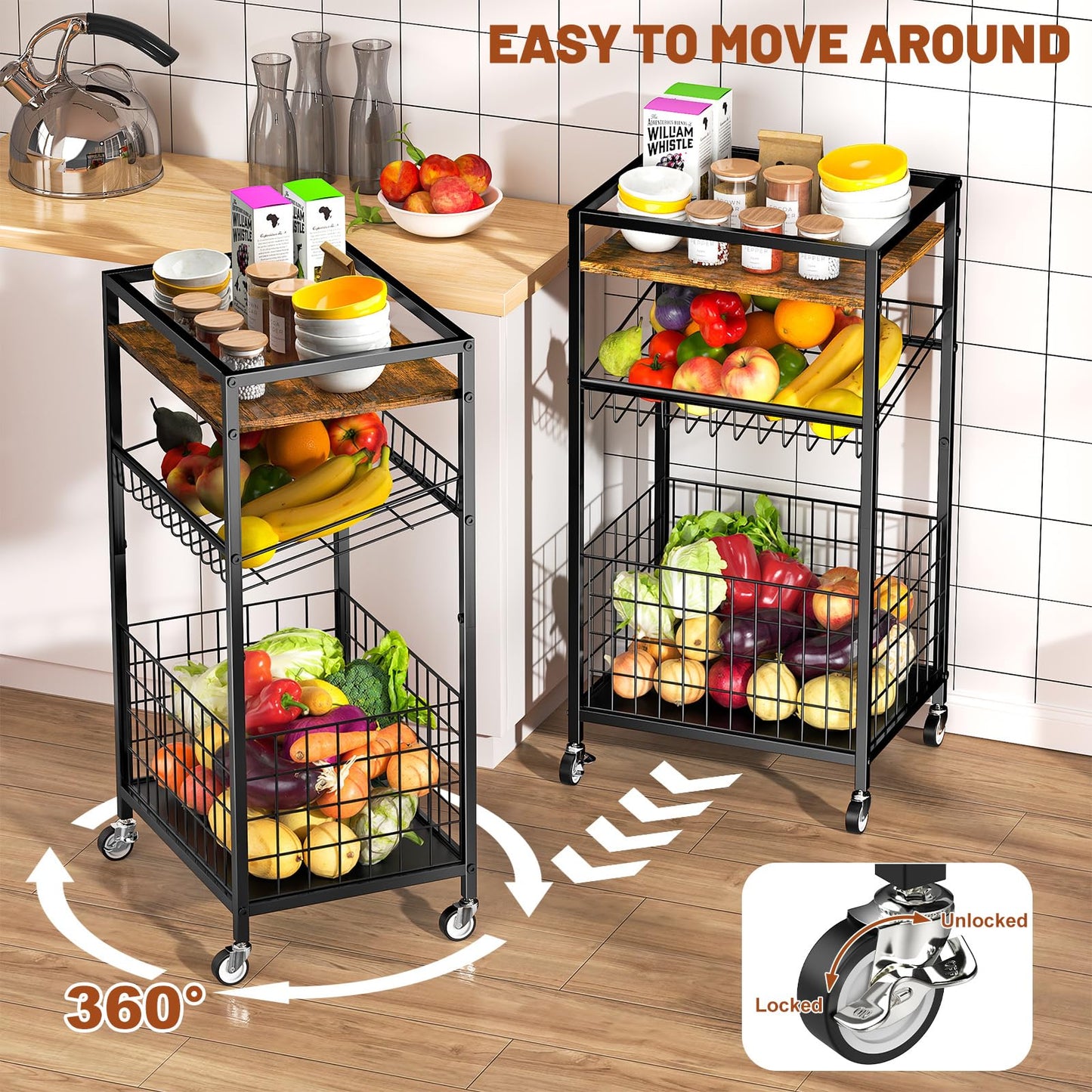 Kssiaz Fruit Vegetable Cart, 3-Tier Snack Cart on Wheels & Wood Top, Brown