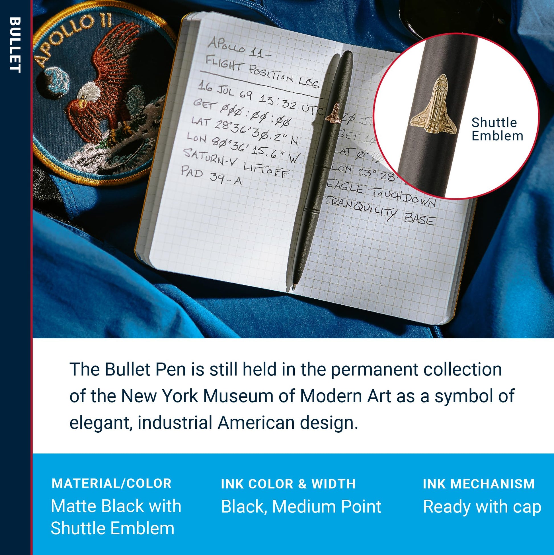 Fisher Space Pen Matte Black Shuttle Emblem Pressurized Ballpoint Bullet