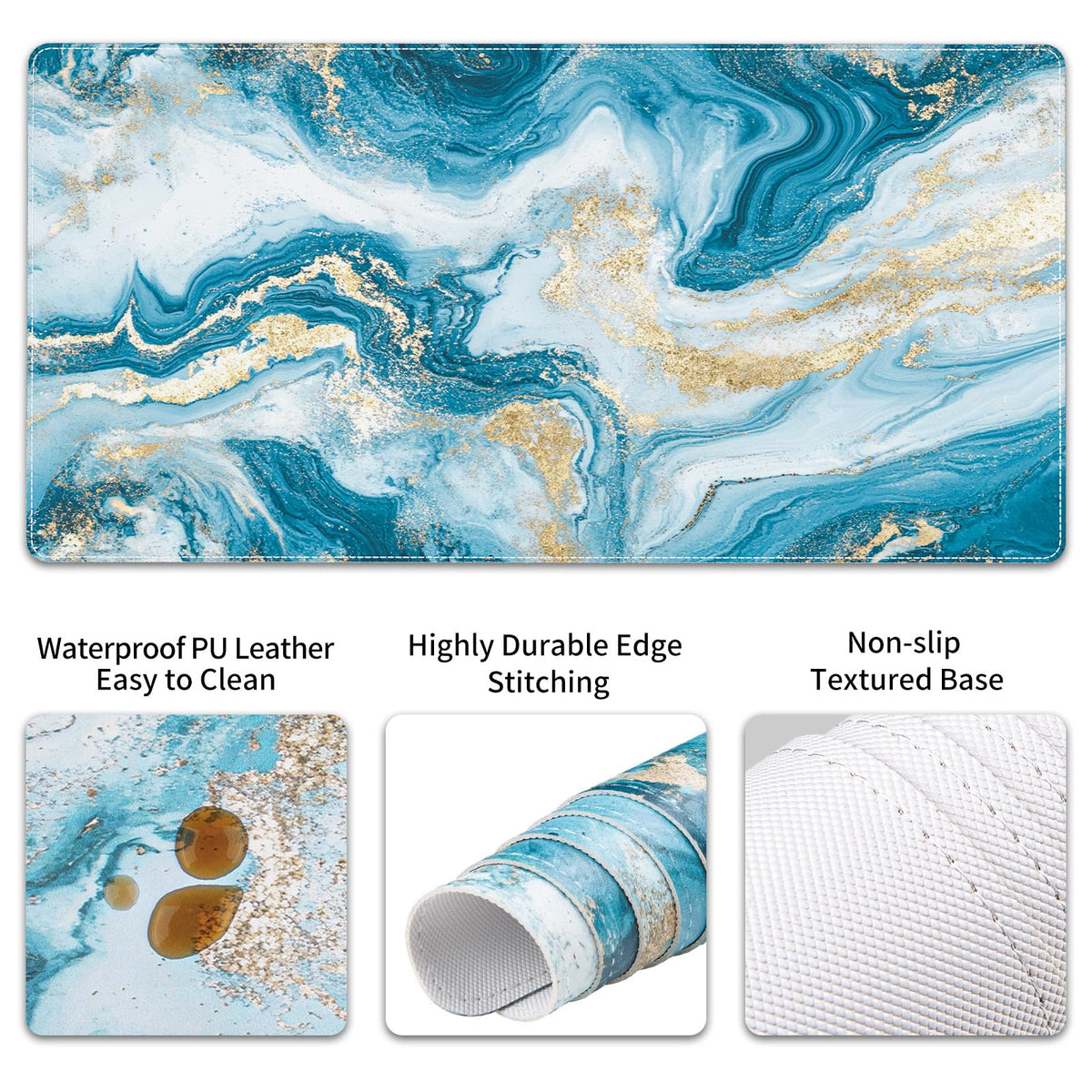QiyI PU Leather Desk Mat Set, 4-in-1 Ergonomic Wrist Rest, Blue Fluid Art