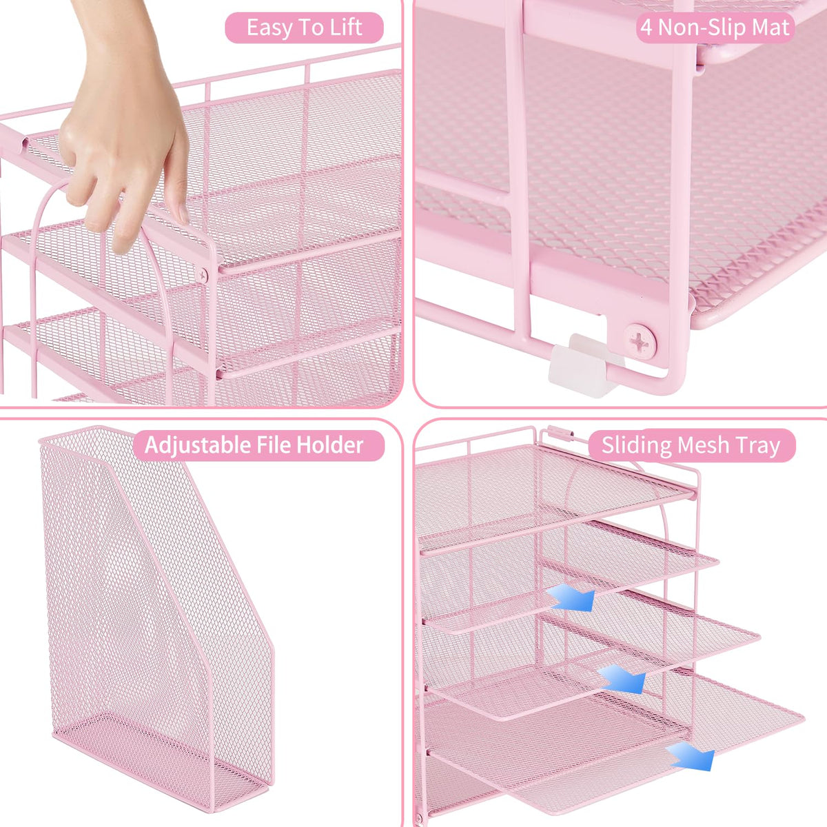 AUPSEN Pink Desk Organizers and Accessories, 5-Tier Desktop Paper File Organizer with Removable