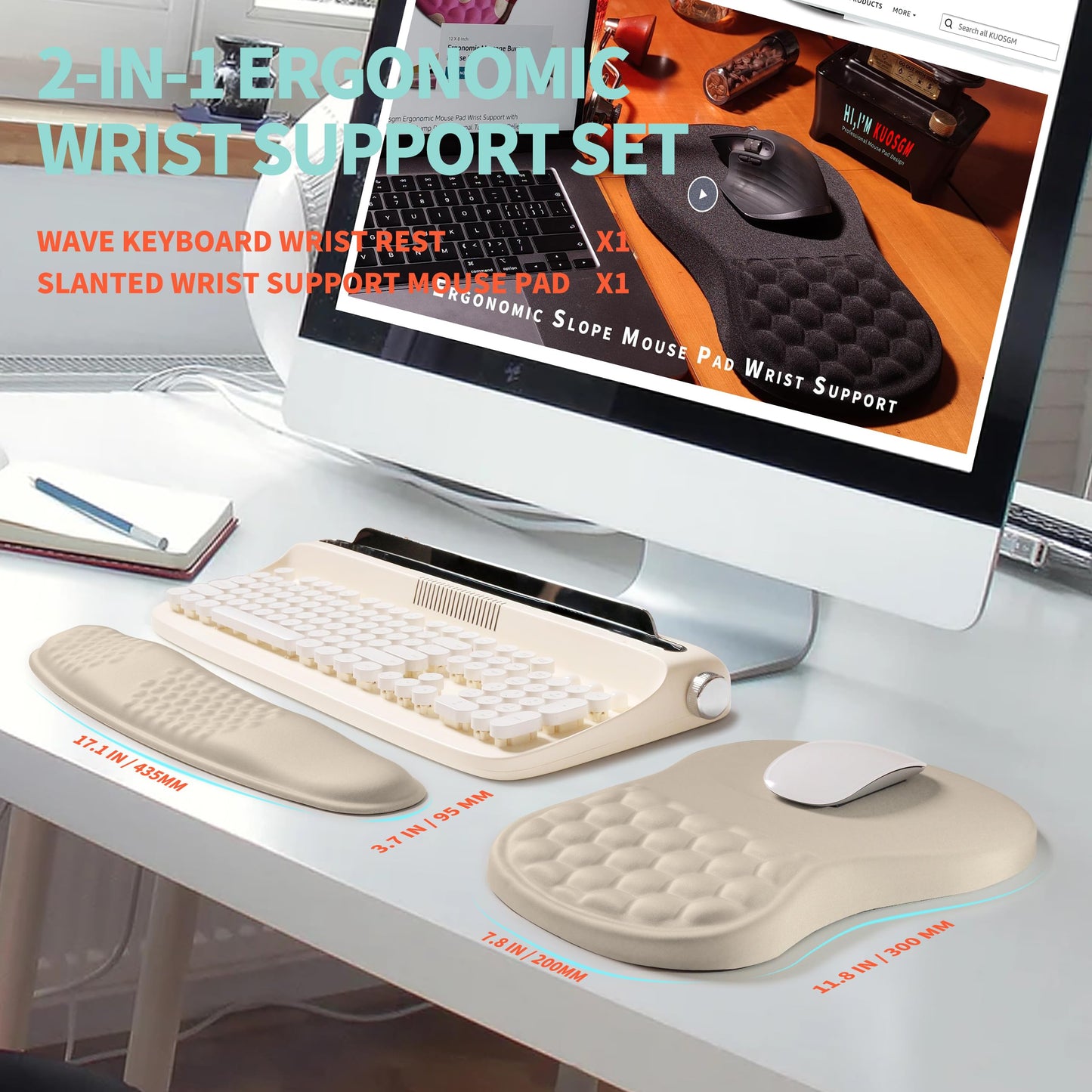 KUOSGM 2-in-1 Ergonomic Set, Wave Rise Keyboard Wrist Rest and Massage Bulge Slope Mouse Pad Wrist