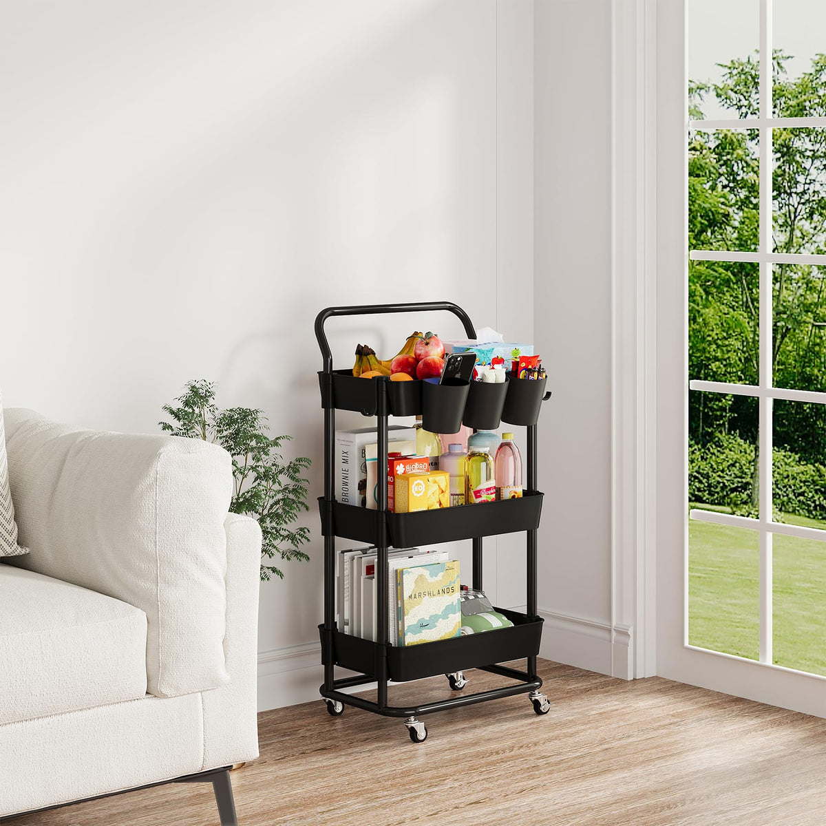 Buzowruil 3-Tier Rolling Utility Cart, Storage Cart with Handle Multi-Purpose and Locking