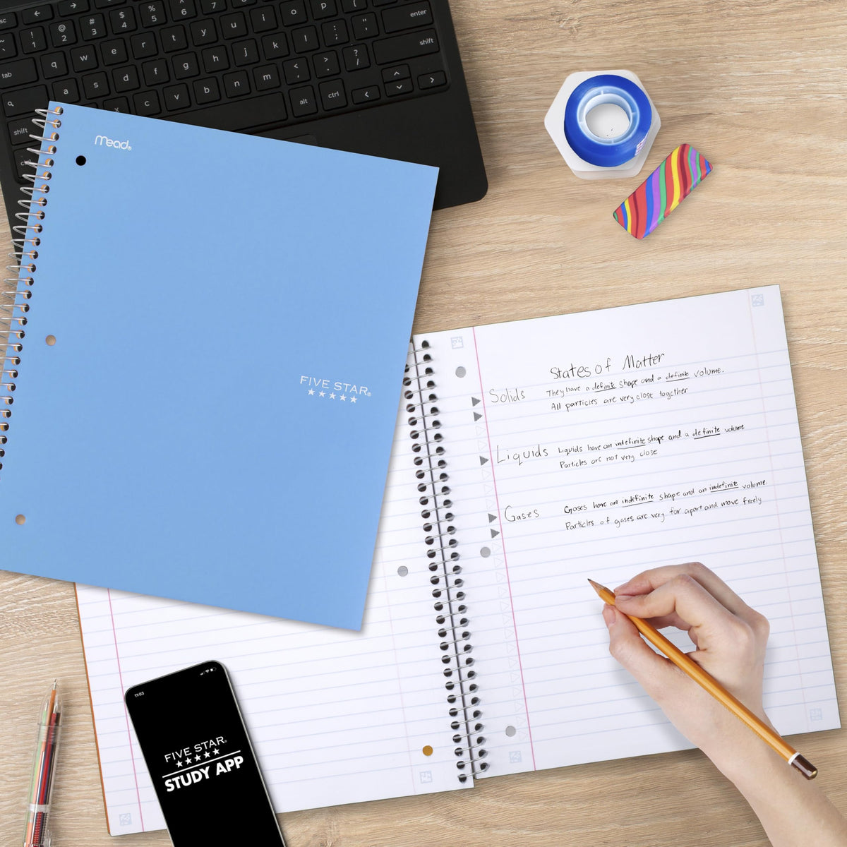 Five Star Spiral Notebook + Study App, 5 Subject, Wide Ruled Paper, 8" x 10-1/2", 200 Sheets