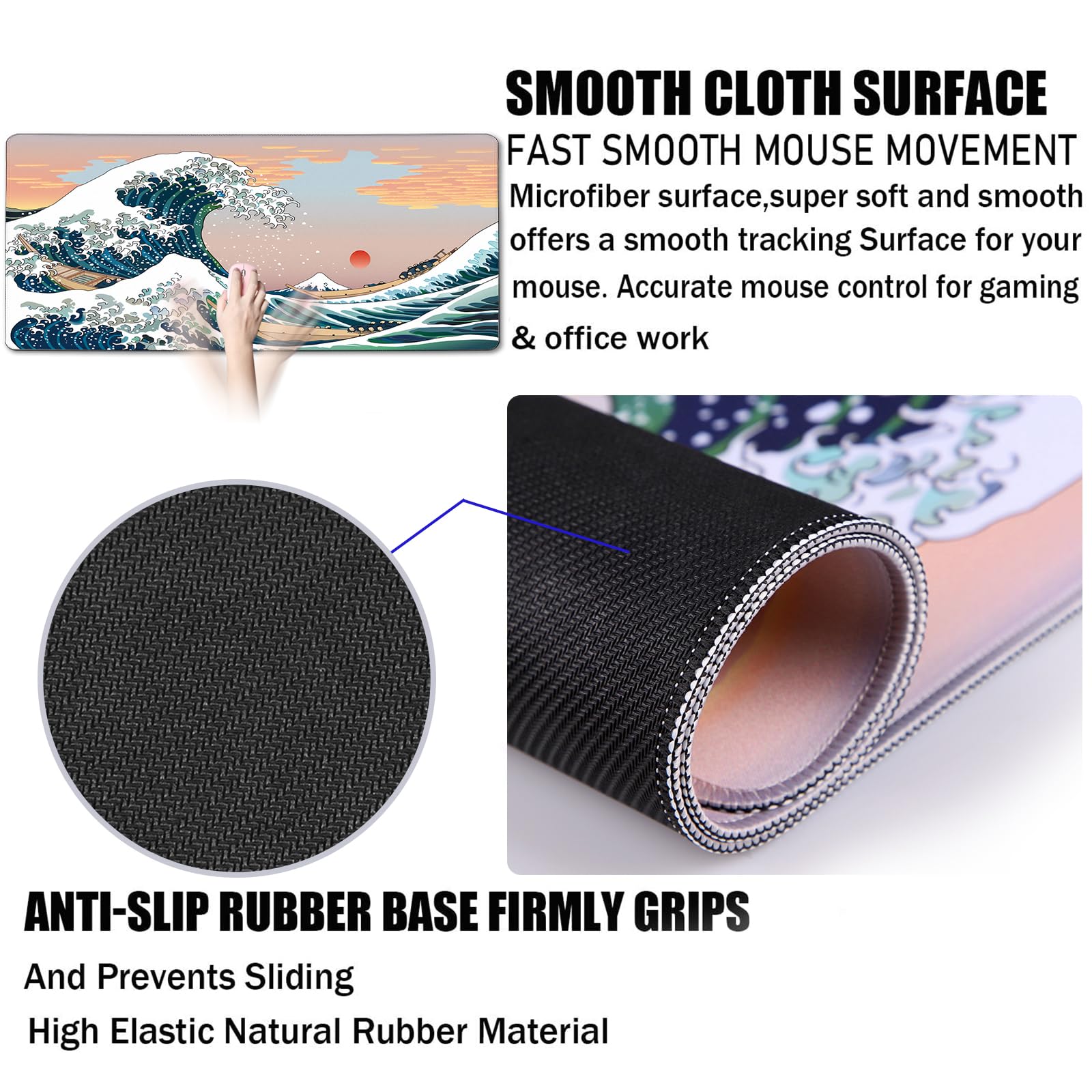 Japanese Large Gaming Mouse Pad with Extended Stitched Edges, 31.5X15.7In Durable Non-Slip Natural