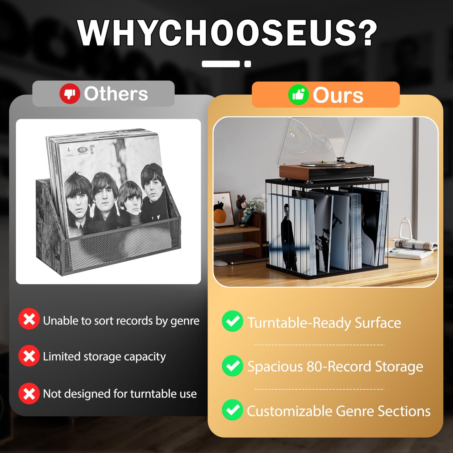 Emfogo Vinyl Record Storage, Metal & Wooden Vinyl Record Holder Up to 80 Album, 3-Compartment