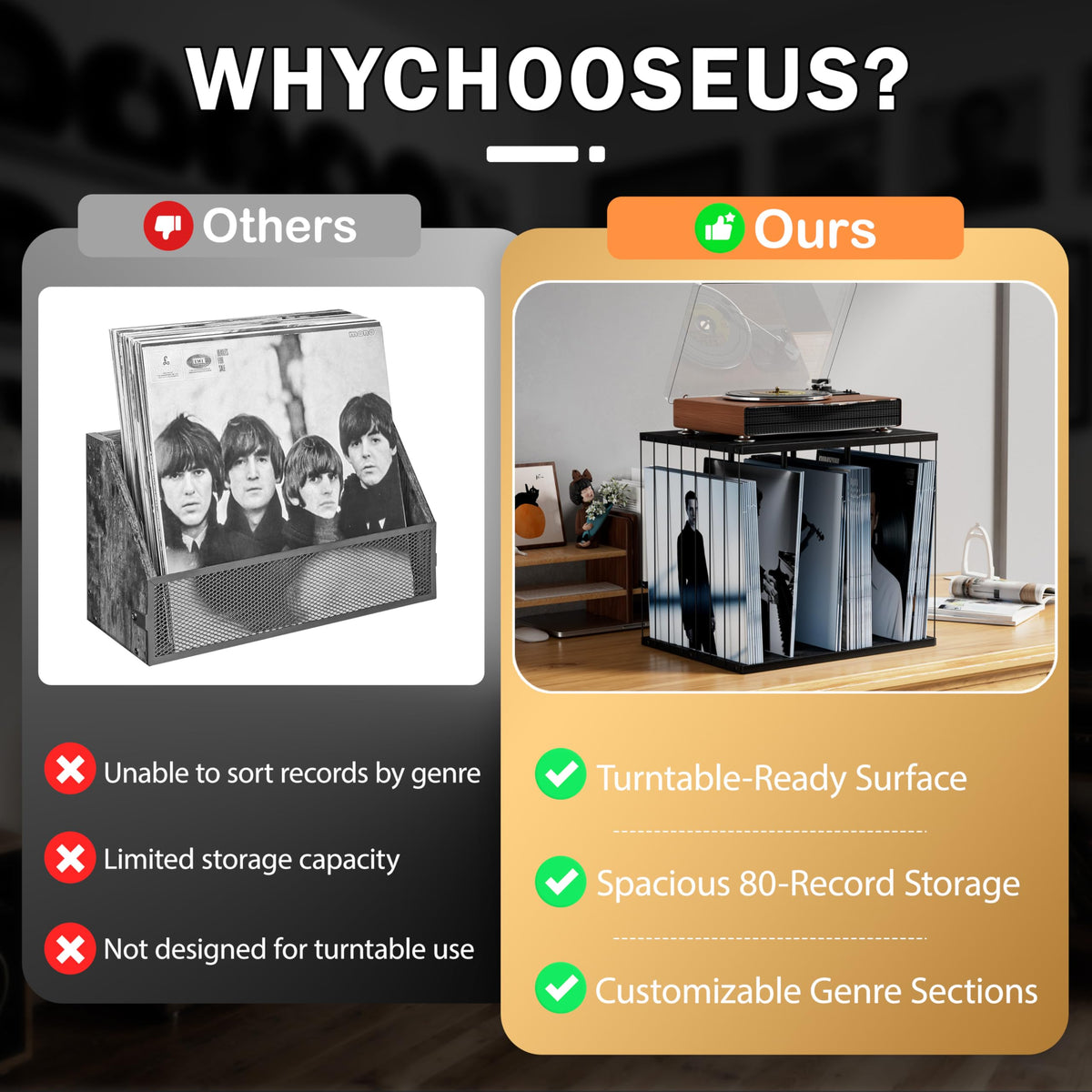 Emfogo Vinyl Record Storage, Metal & Wooden Vinyl Record Holder Up to 80 Album, 3-Compartment