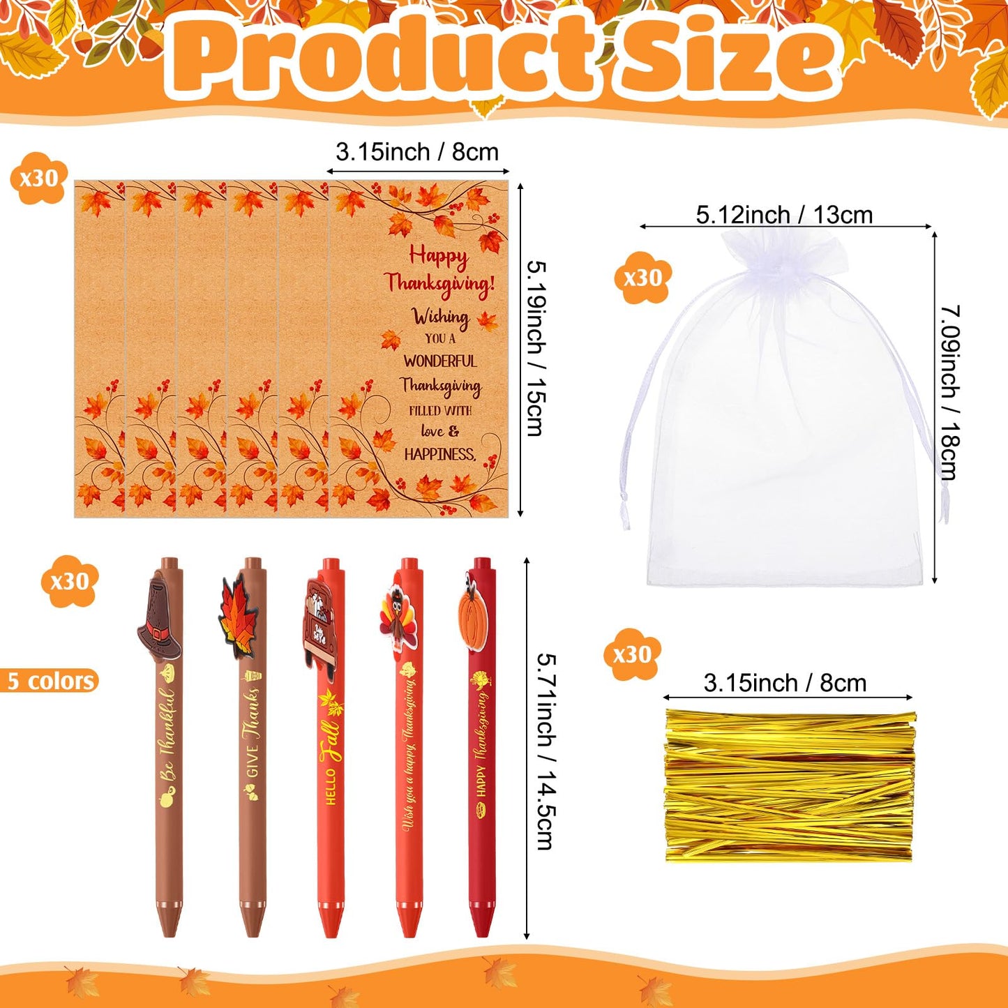 Marspark 30 Sets Thanksgiving Gifts Bulk Fall Ballpoint Pens and Cards