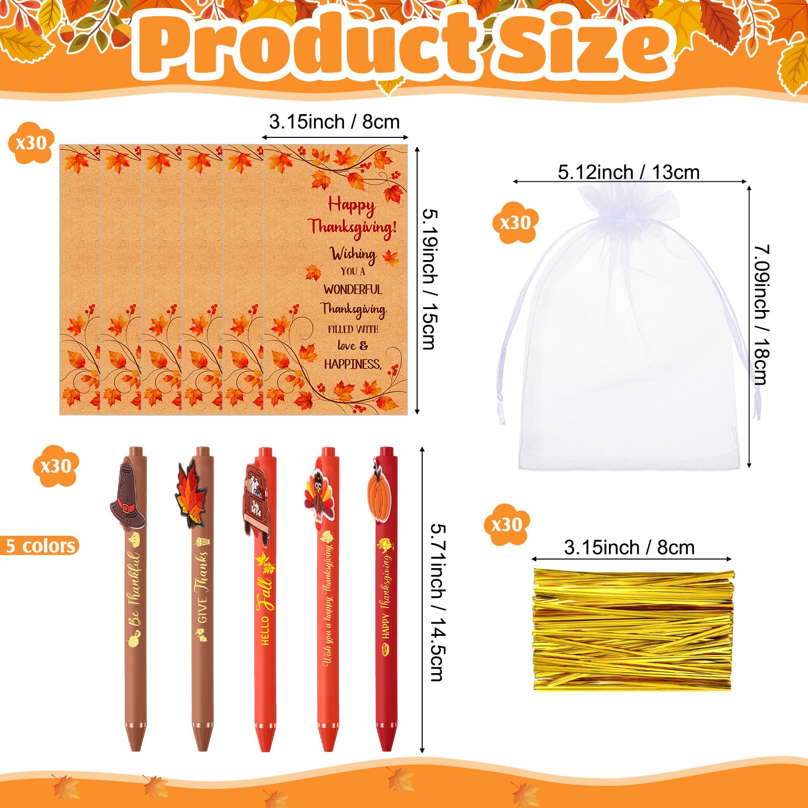 Marspark 30 Sets Thanksgiving Gifts Bulk Fall Ballpoint Pens and Cards