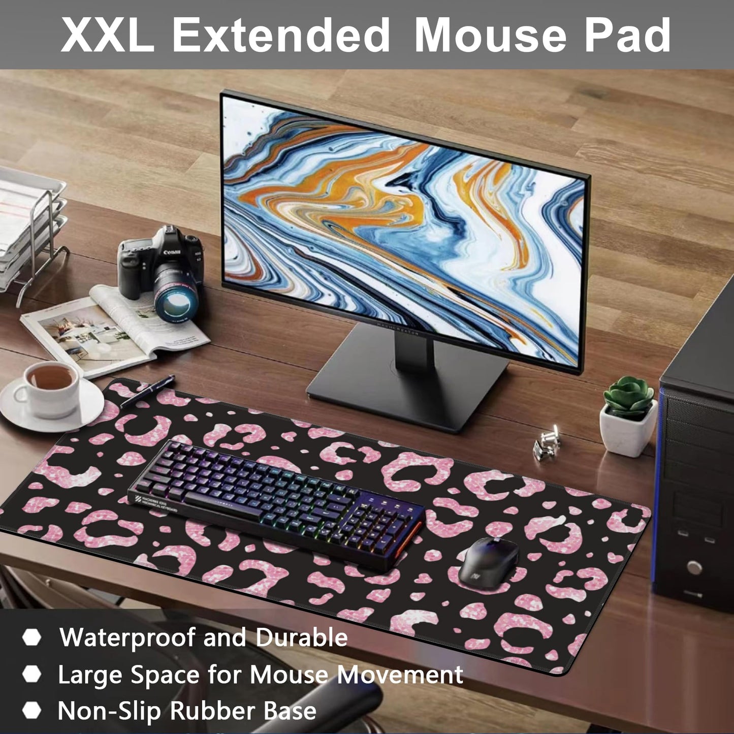 Mouse Pad, Large Rose Pink Leopard Printings Desk Mat, Extended Non-Slip Gaming Keyboard Mousepad