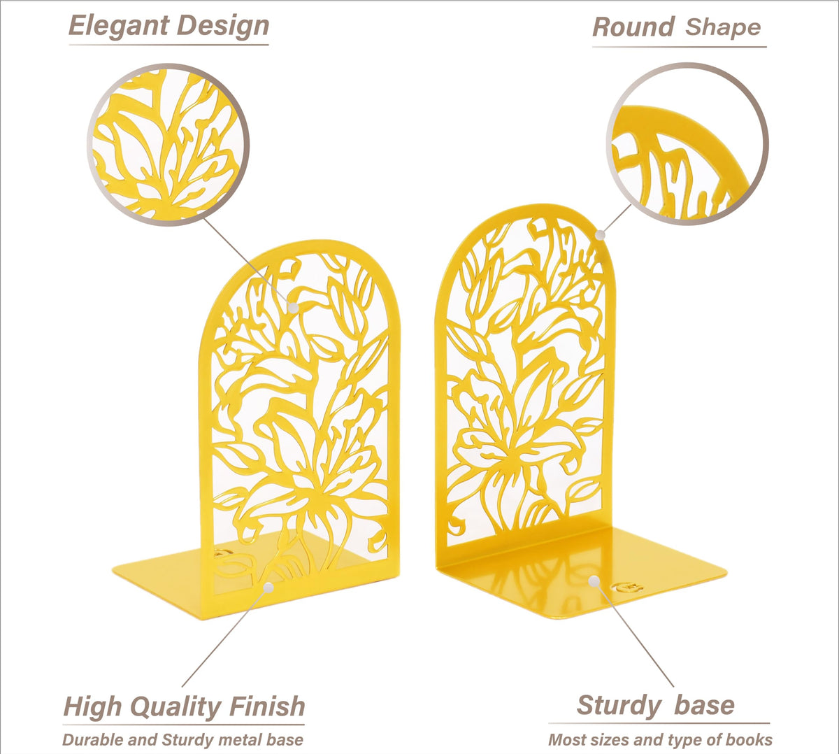 CNK Premium Bookends, Metal Book Stoppers for Heavy Books, Home Office & Decor (Lily Flower Gold)