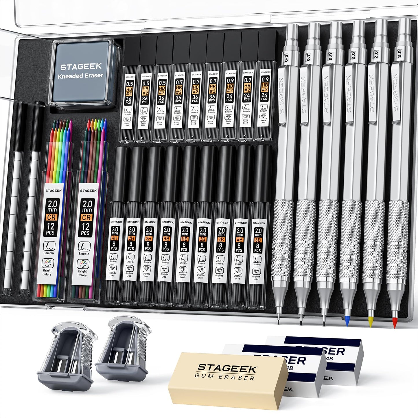 STAGEEK 35PCS Mechanical Pencil Set, 0.5 0.7 0.9 2.0mm Art Pencils, Silver