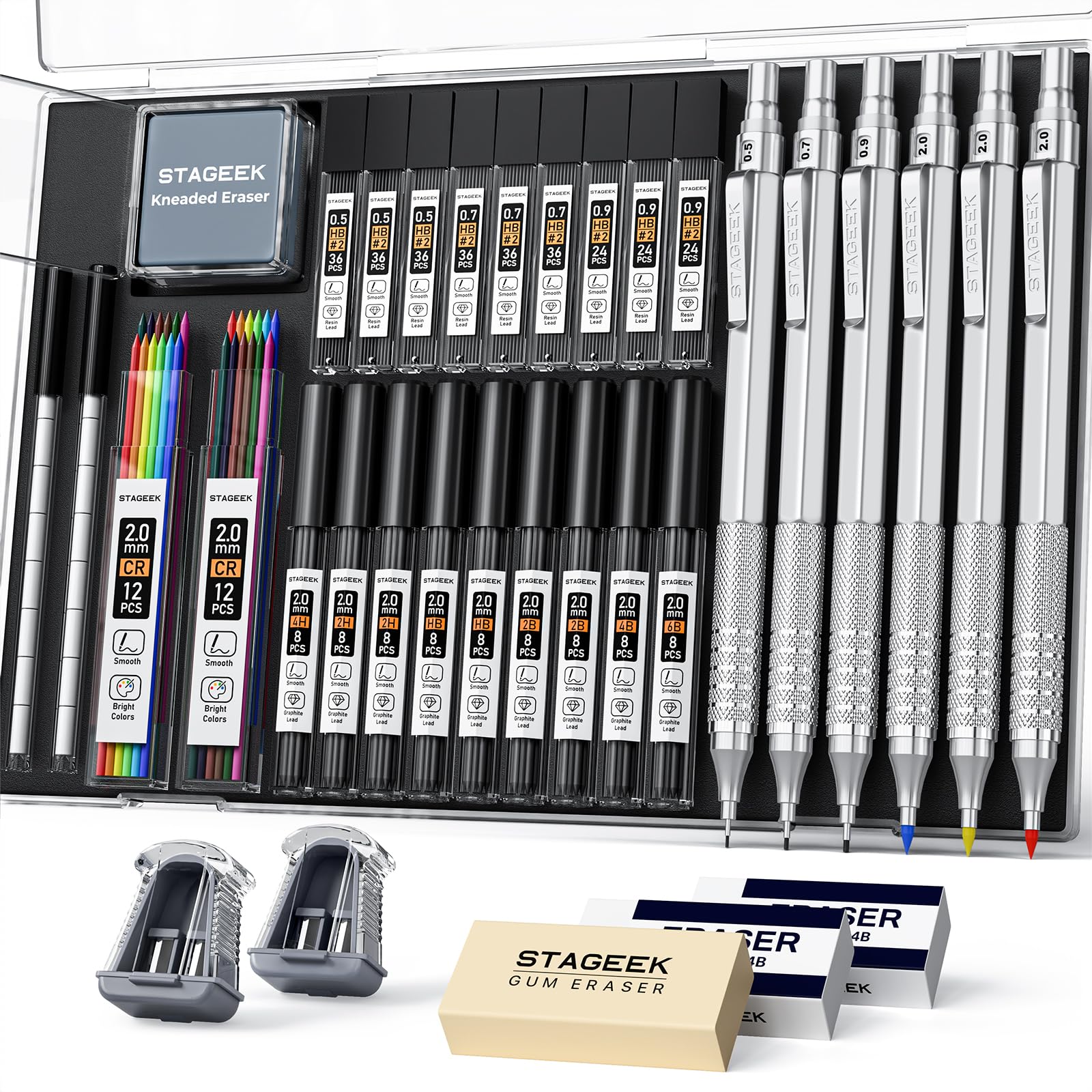 STAGEEK 35PCS Mechanical Pencil Set, 0.5 0.7 0.9 2.0mm Art Pencils, Silver