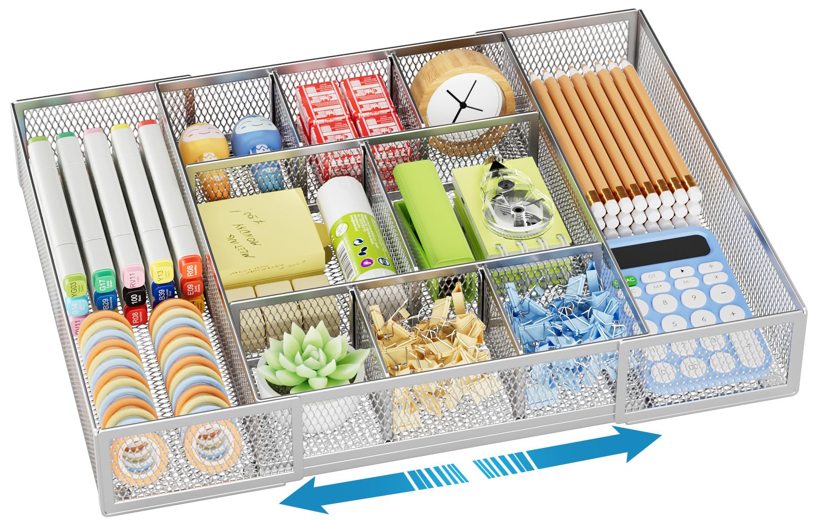 Marbrasse Expandable Desk Drawer Organizer, Mesh Tray with 10 Adjustable Compartments, Desk