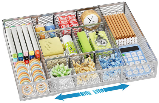 Marbrasse Expandable Desk Drawer Organizer, Mesh Tray with 10 Adjustable Compartments, Desk