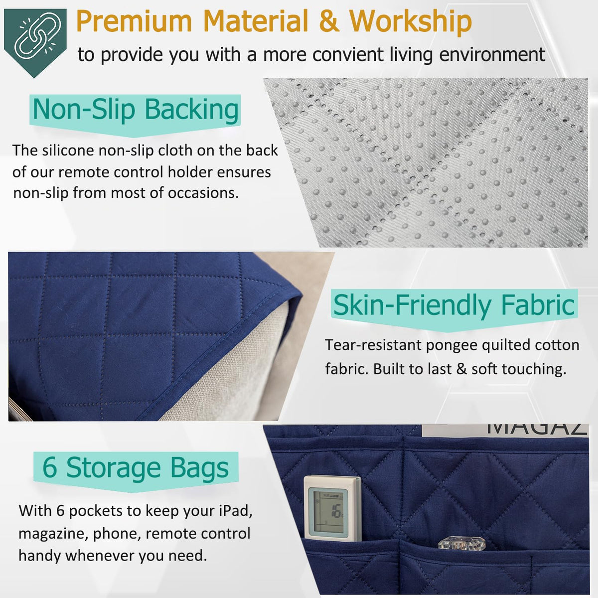DECKALY Sofa Armrest Organizer with 6 Pockets, Non-Slip Couch Recliner Armchair Caddy, Washable