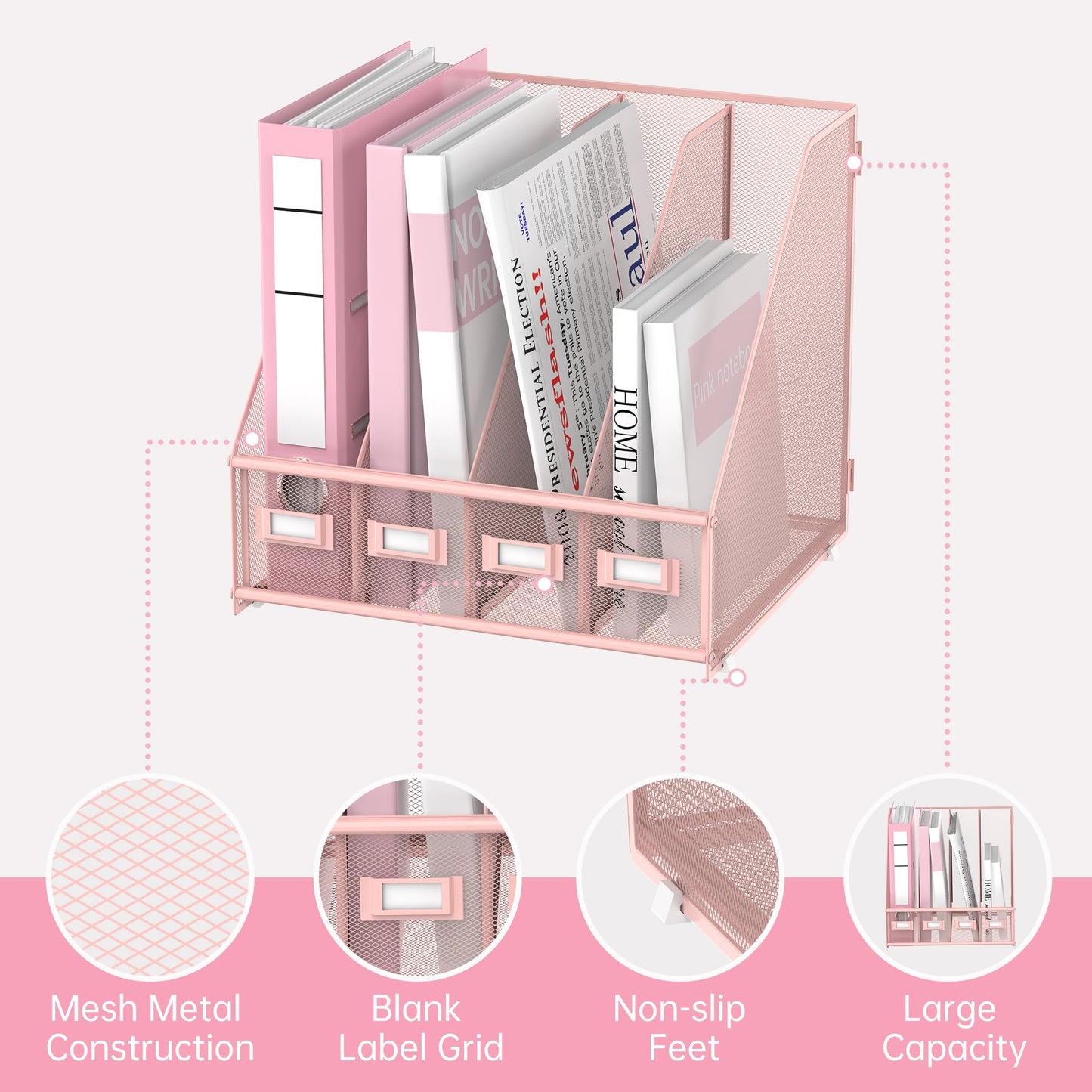 4-Compartment Magazine File Holder and File Organizer for Desk, Pink