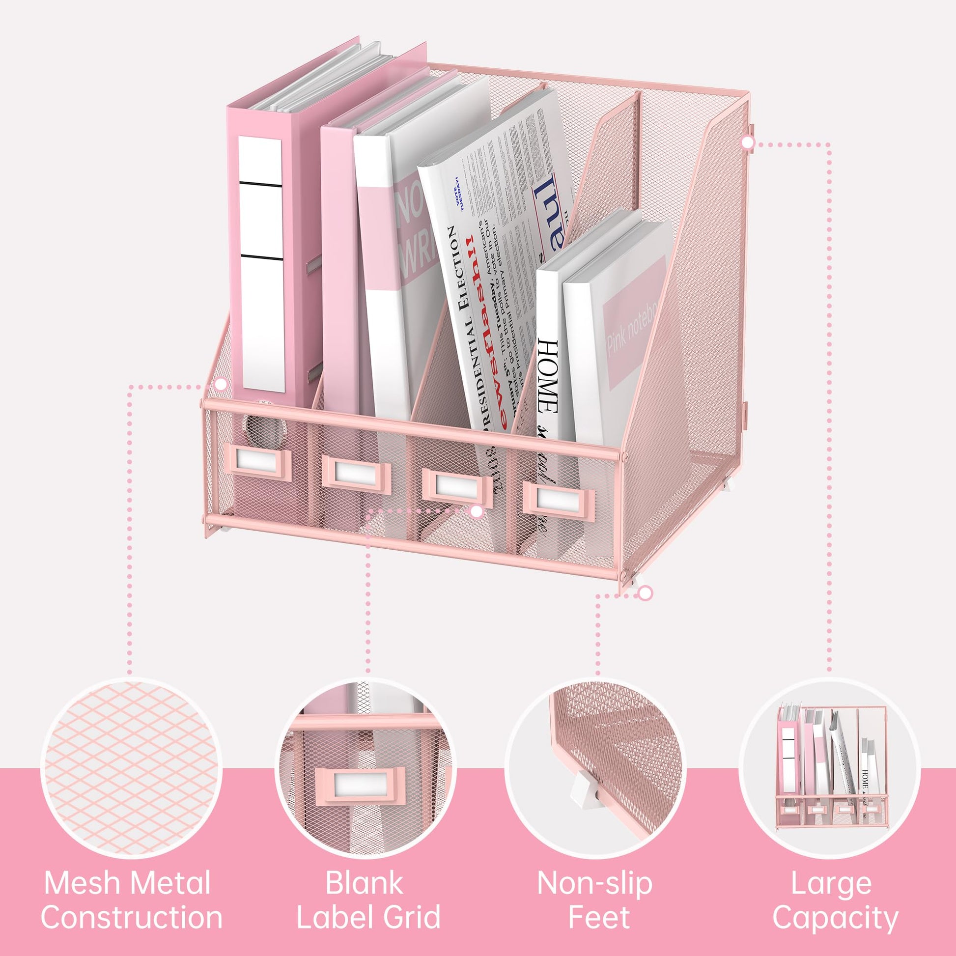 4-Compartment Magazine File Holder and File Organizer for Desk, Pink