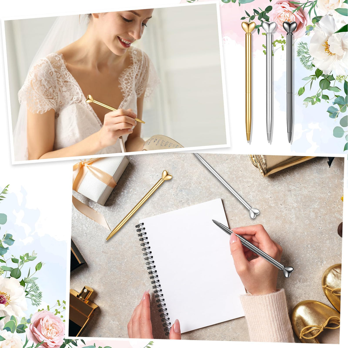 Thenshop Gray 24 Pcs Heart Shaped Pens Retractable Metal Cute Pens 1.0 mm Black Ink Ballpoint