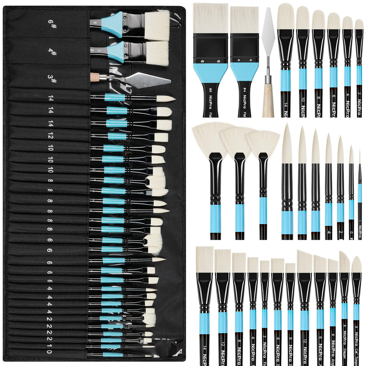 Nicpro 30pcs Paint Brush Set for Acrylic Painting, Oil, Watercolor, Gouache