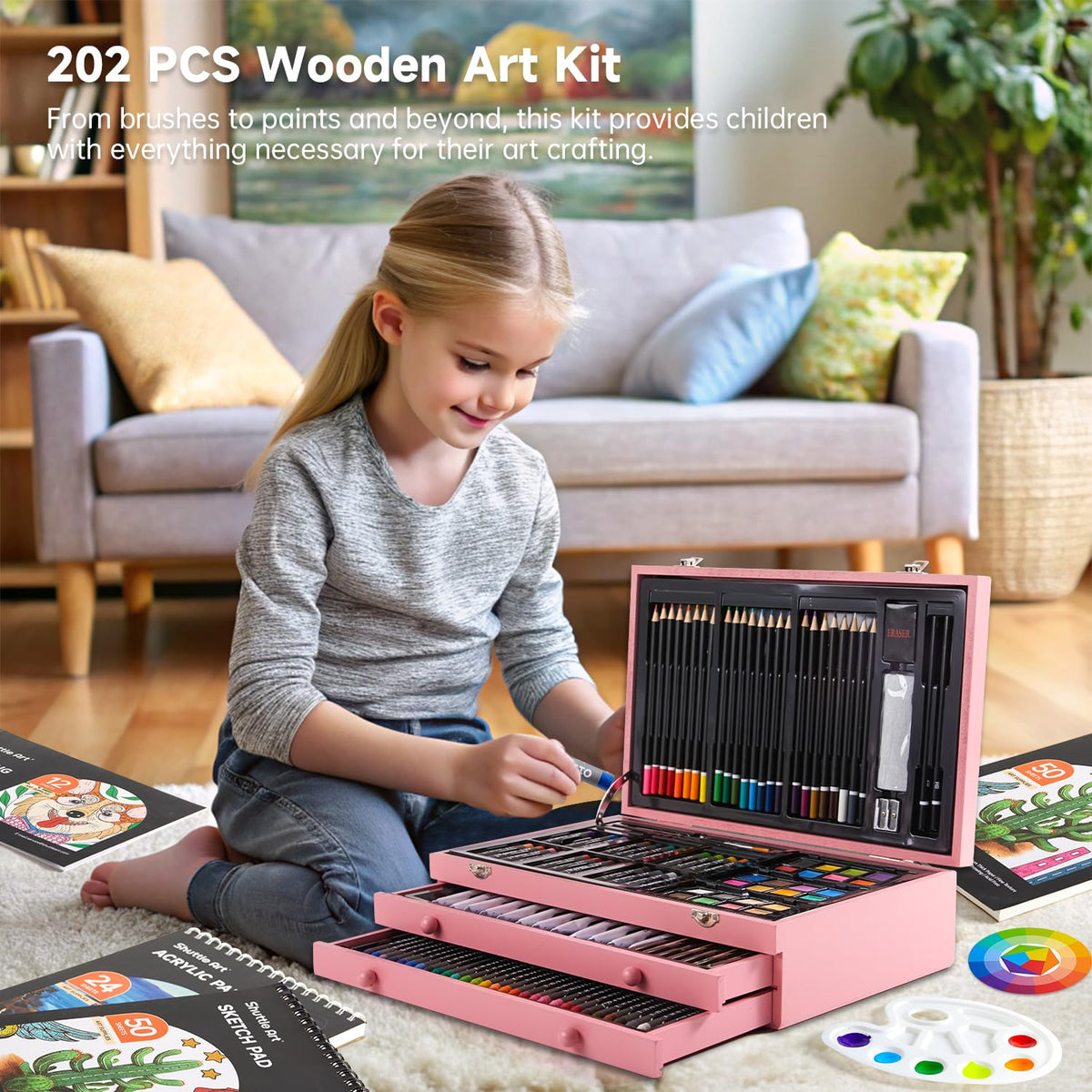 Shuttle Art Deluxe Gift Art Kit, 202-Piece Wooden Art Supplies Set with 4 Drawing Pads, Canvases