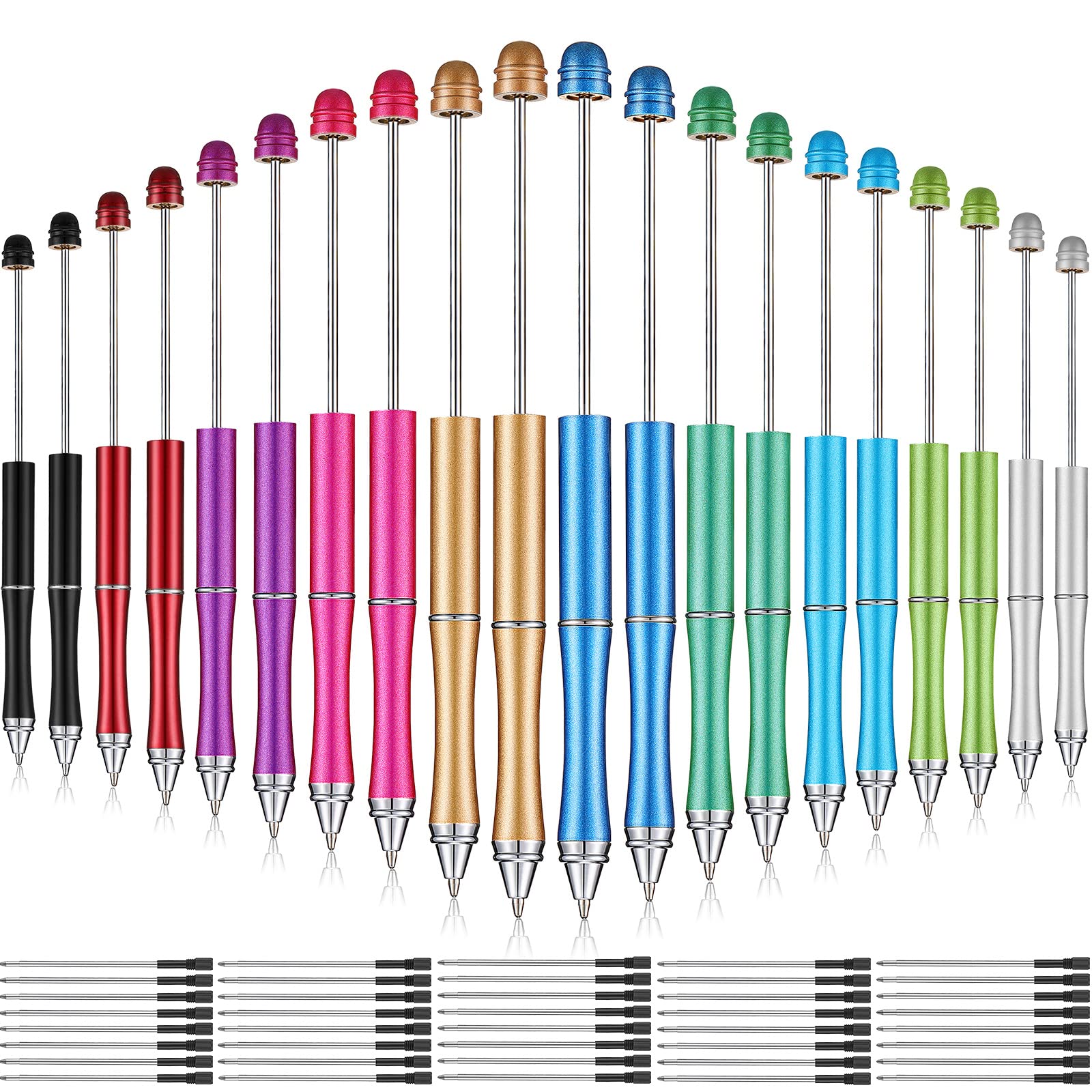 Chivao 20 Pieces Metal Beadable Pens Bulk Beaded Pens Black Ink Ballpoint with Refills Assorted