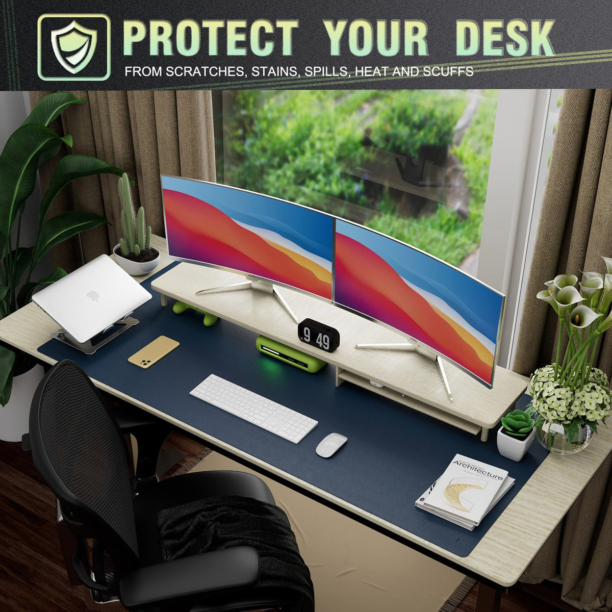 K KNODEL Extra Large Desk Mat, Leather Mouse Pad (47.2"x23.6", Dark Blue)