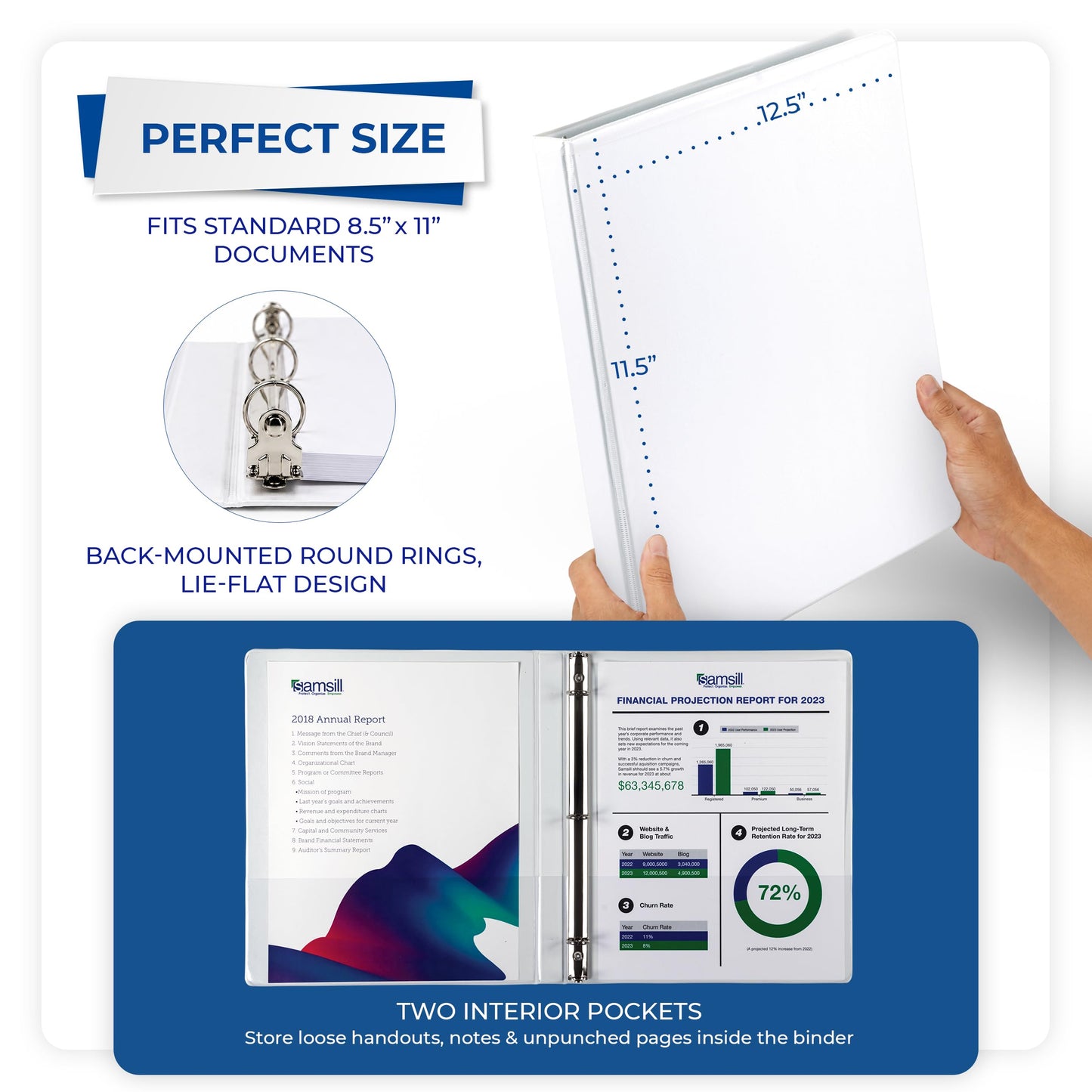 Samsill 0.5 Inch 3 Ring Binder, Economy Round Ring, Clear View Cover, 100 Sheet Capacity - for